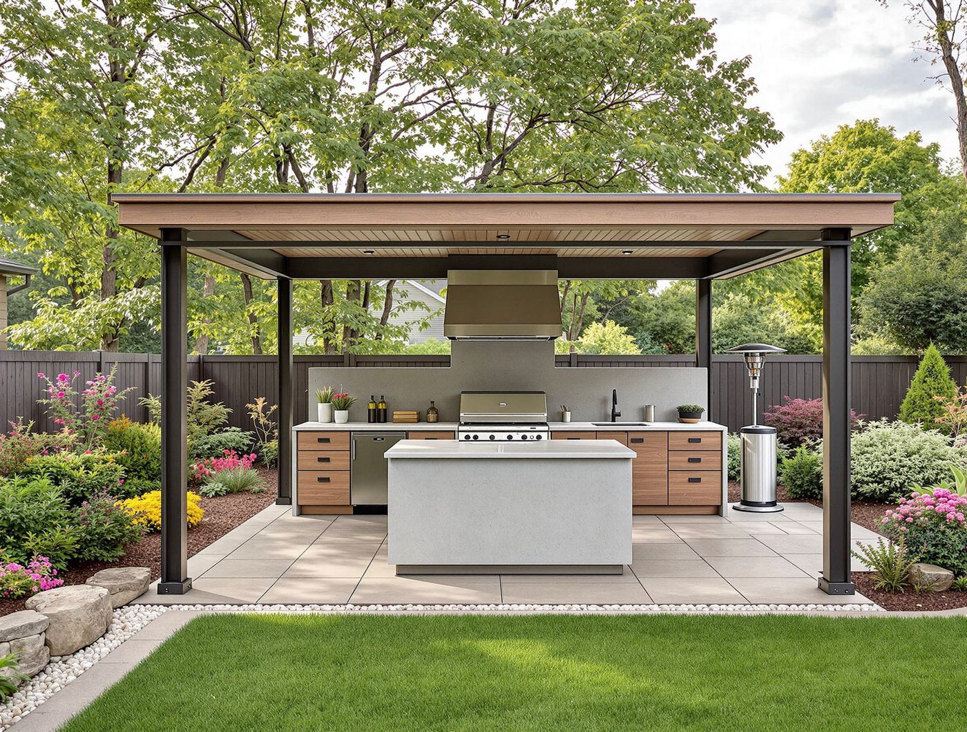 White Island Kitchen Under Wood Ceiling
