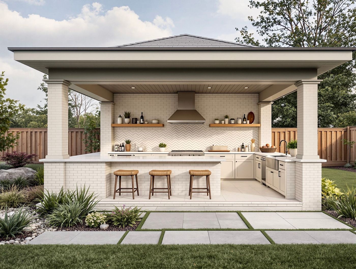 White Brick Kitchen with Floating Shelves