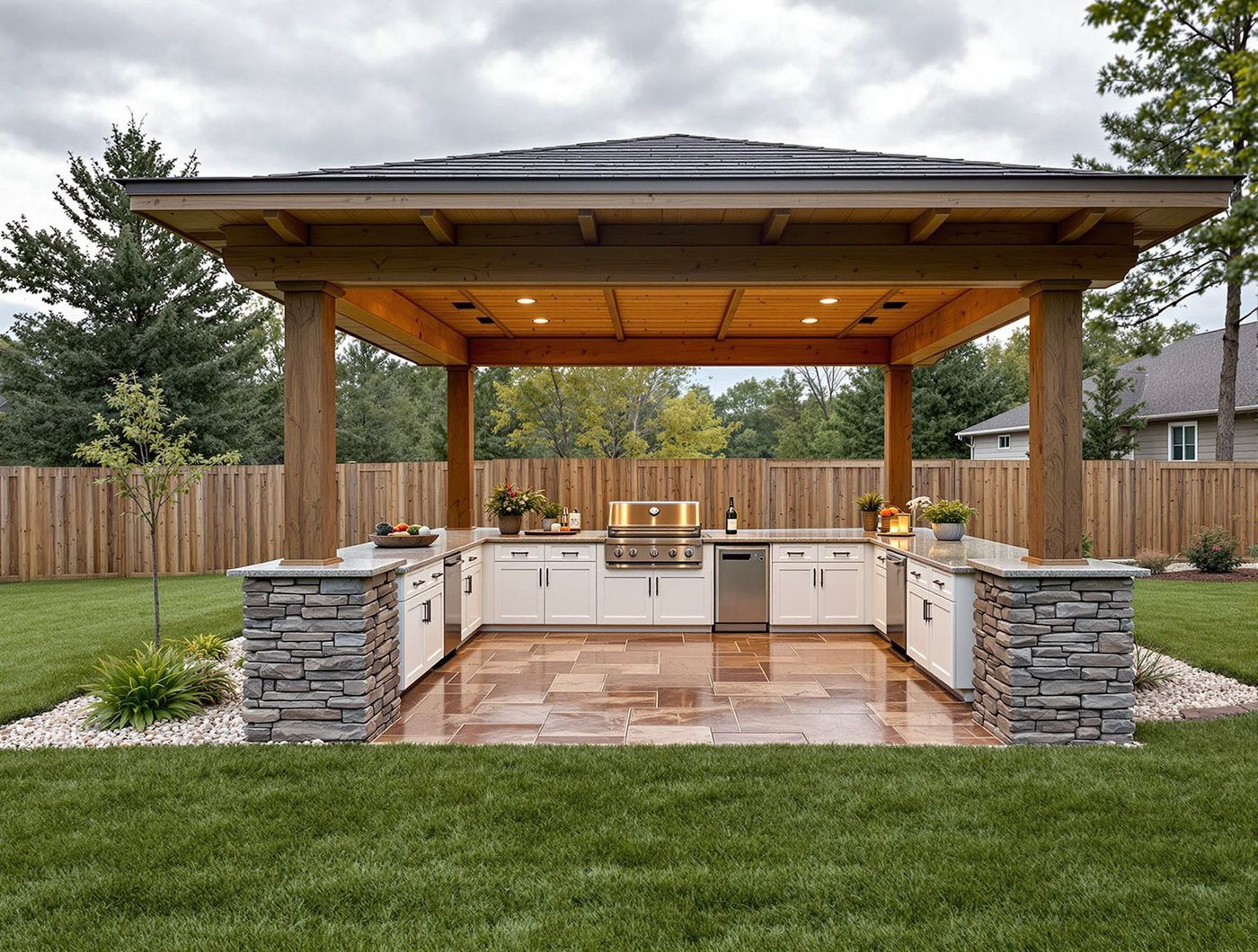 Stone-Based Kitchen with String Lights at Dusk