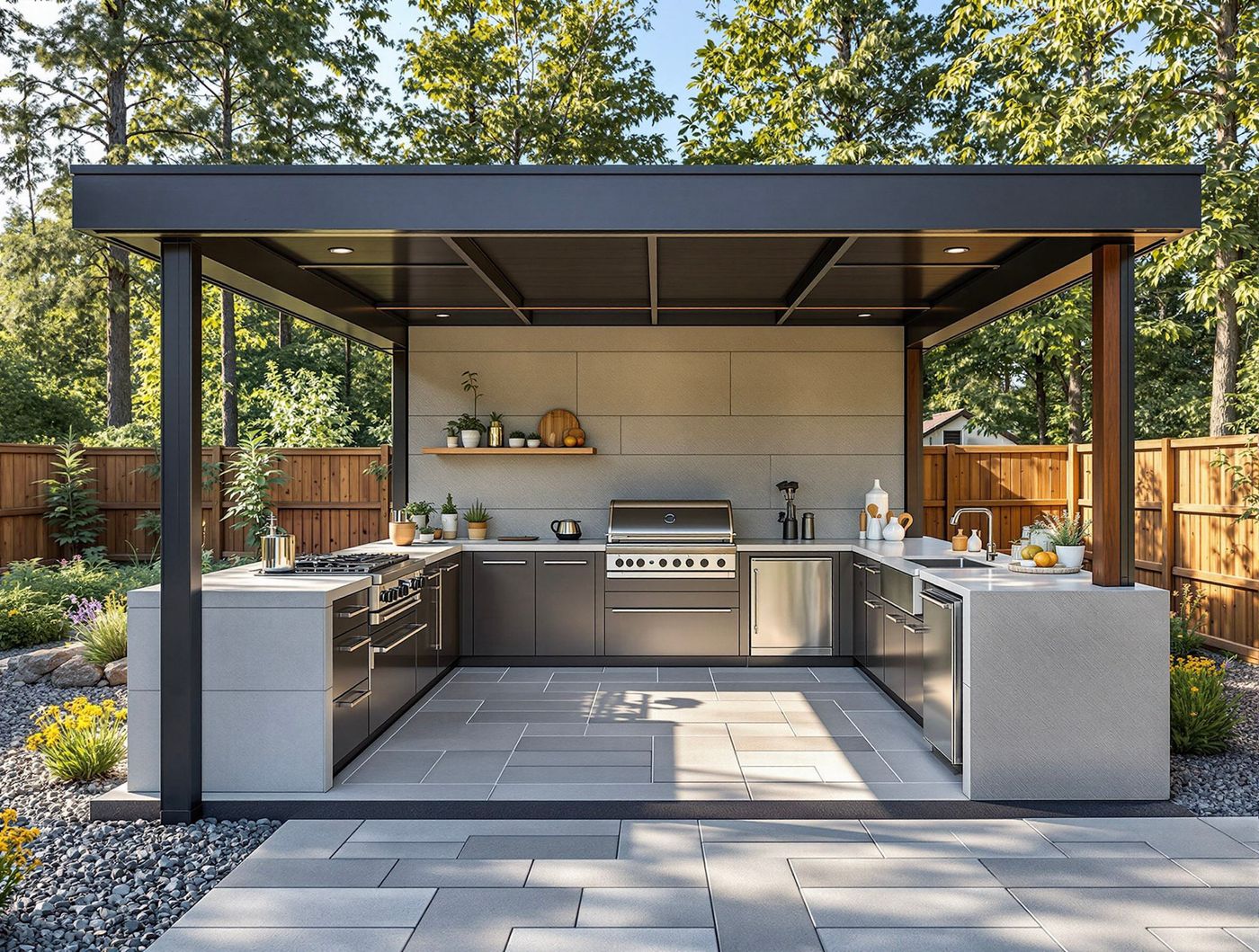 Modern Gray Kitchen with Black Roof Beams