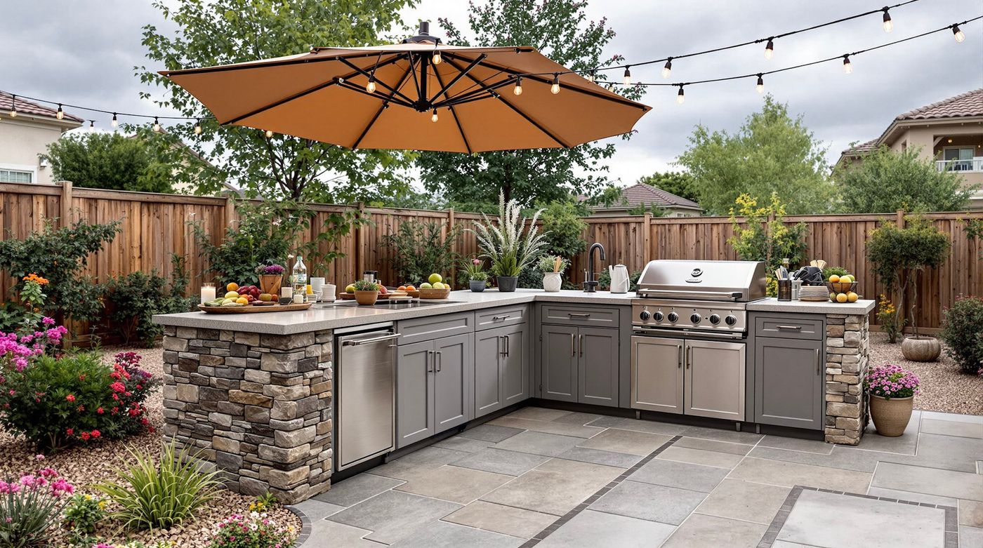 Stone Base Kitchen with Cantilever Umbrella