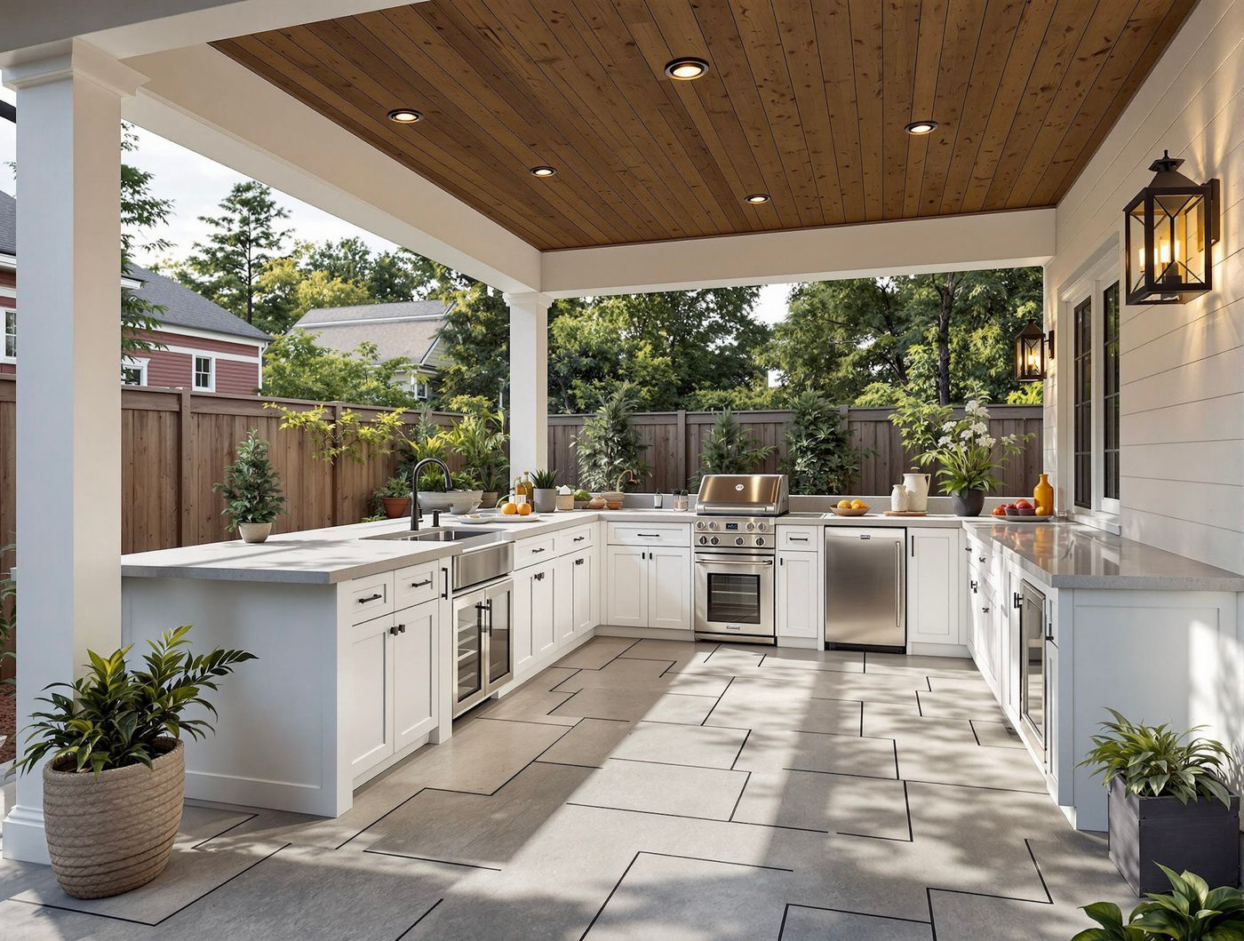 Farmhouse White Kitchen with Wood Plank Ceiling