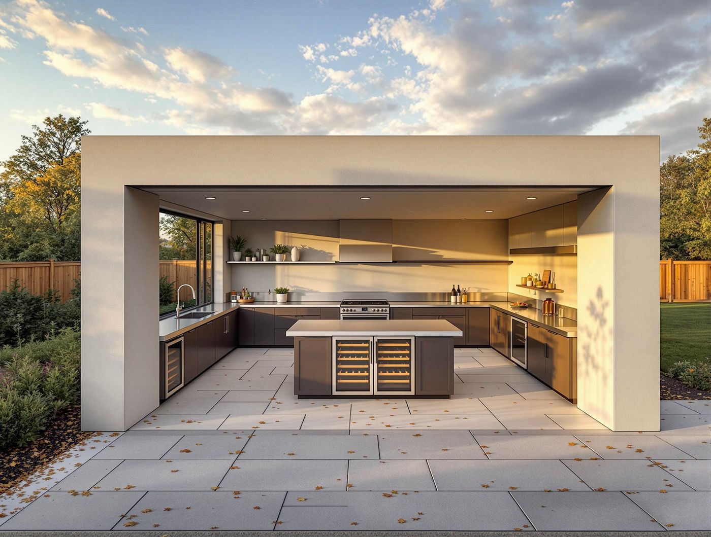 Minimalist Stucco Kitchen with Wine Fridge