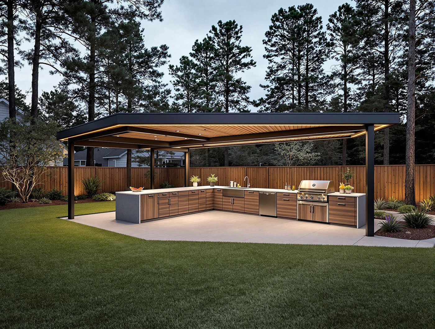 Modern Pavilion Kitchen Among Pine Trees