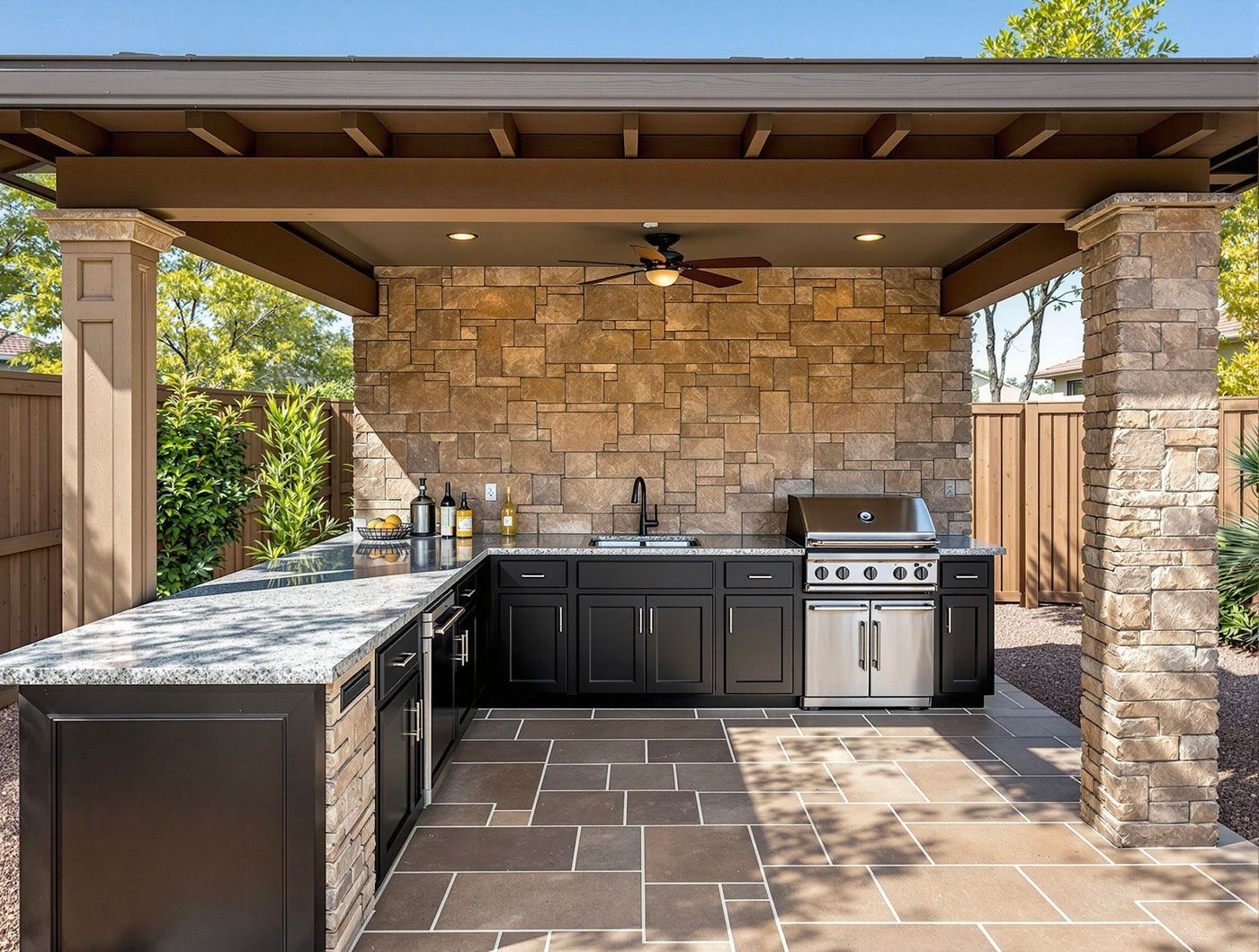 Stacked Stone Outdoor Kitchen with Black Cabinets