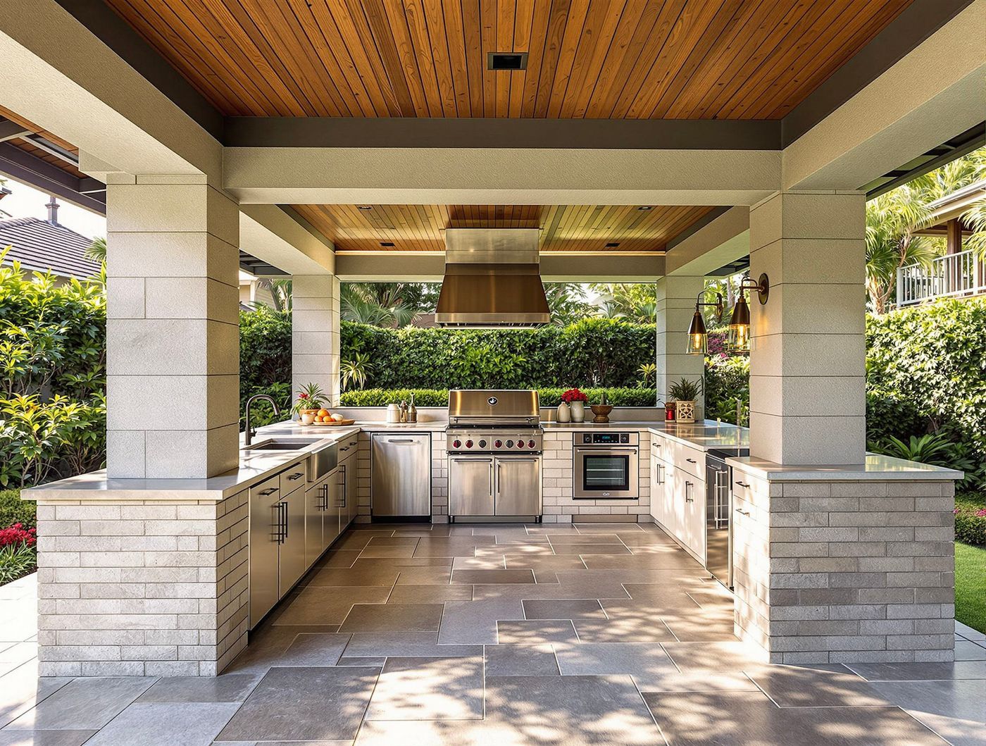 White Stone Outdoor Kitchen with Wood Ceiling