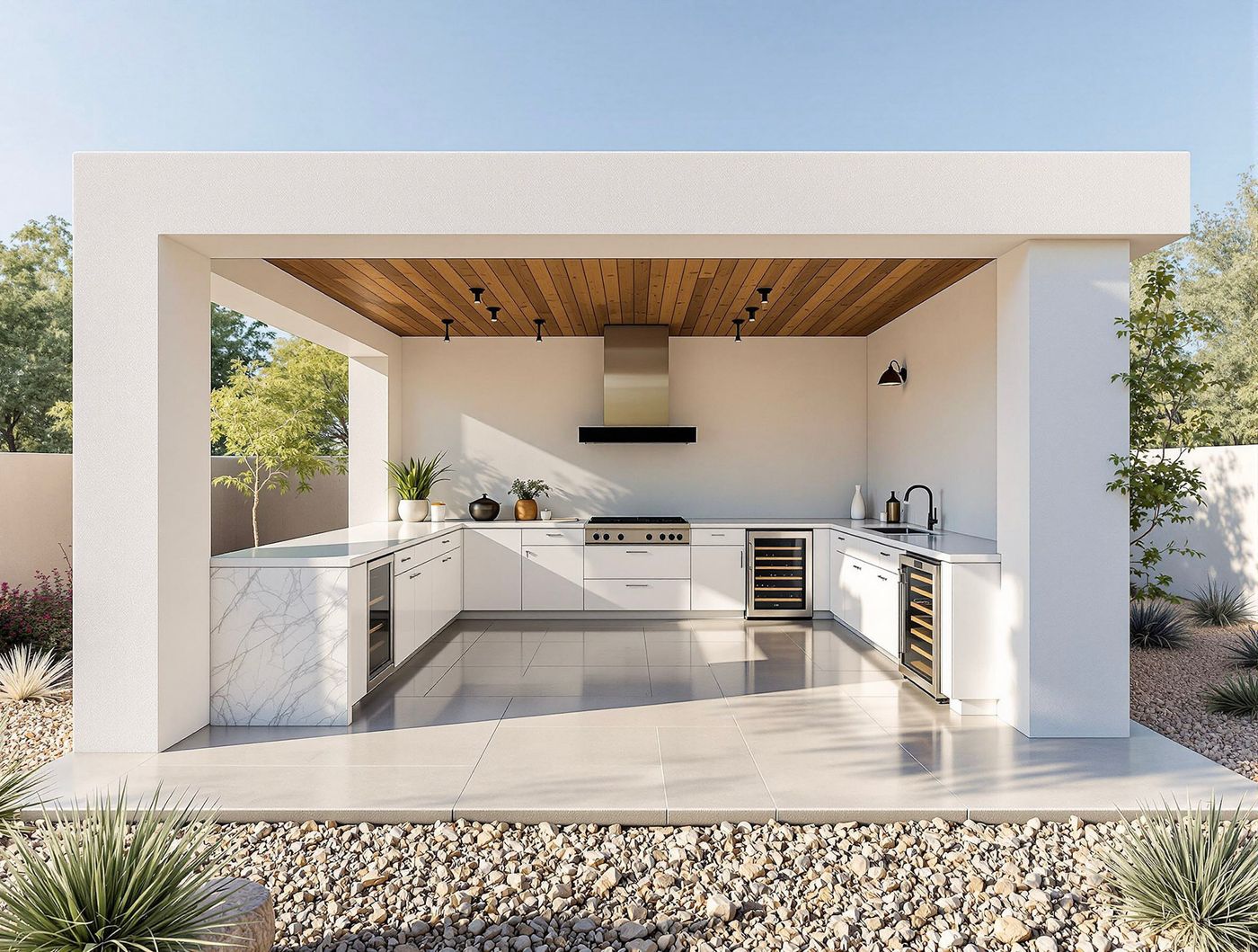 Minimalist White Outdoor Kitchen with Marble Island