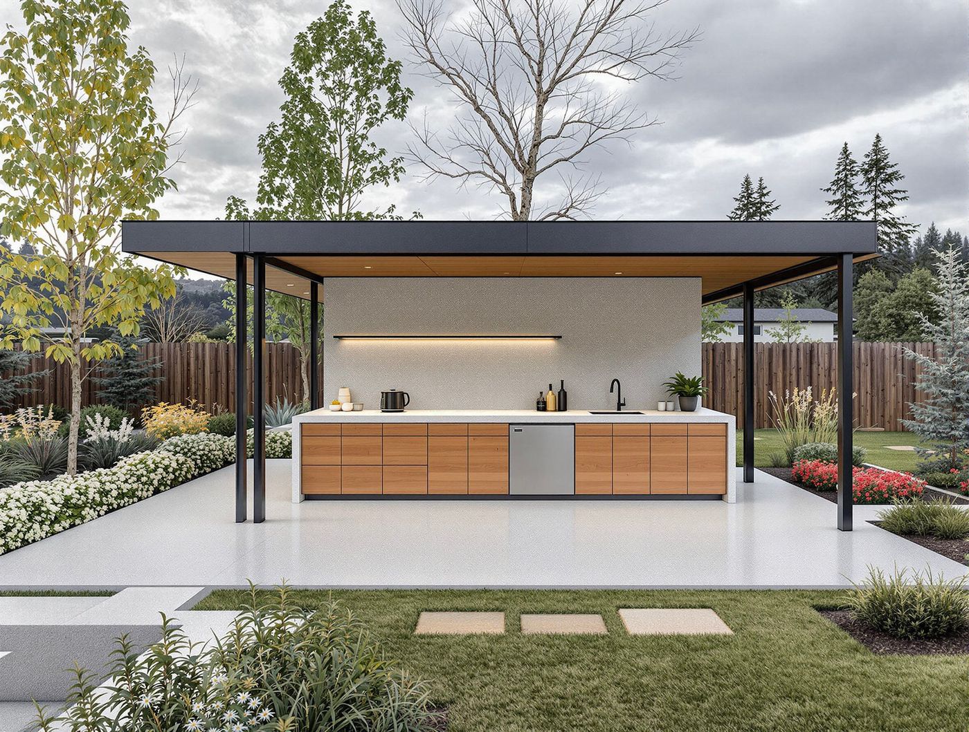 Modern Steel Pergola Kitchen with Wood Cabinetry