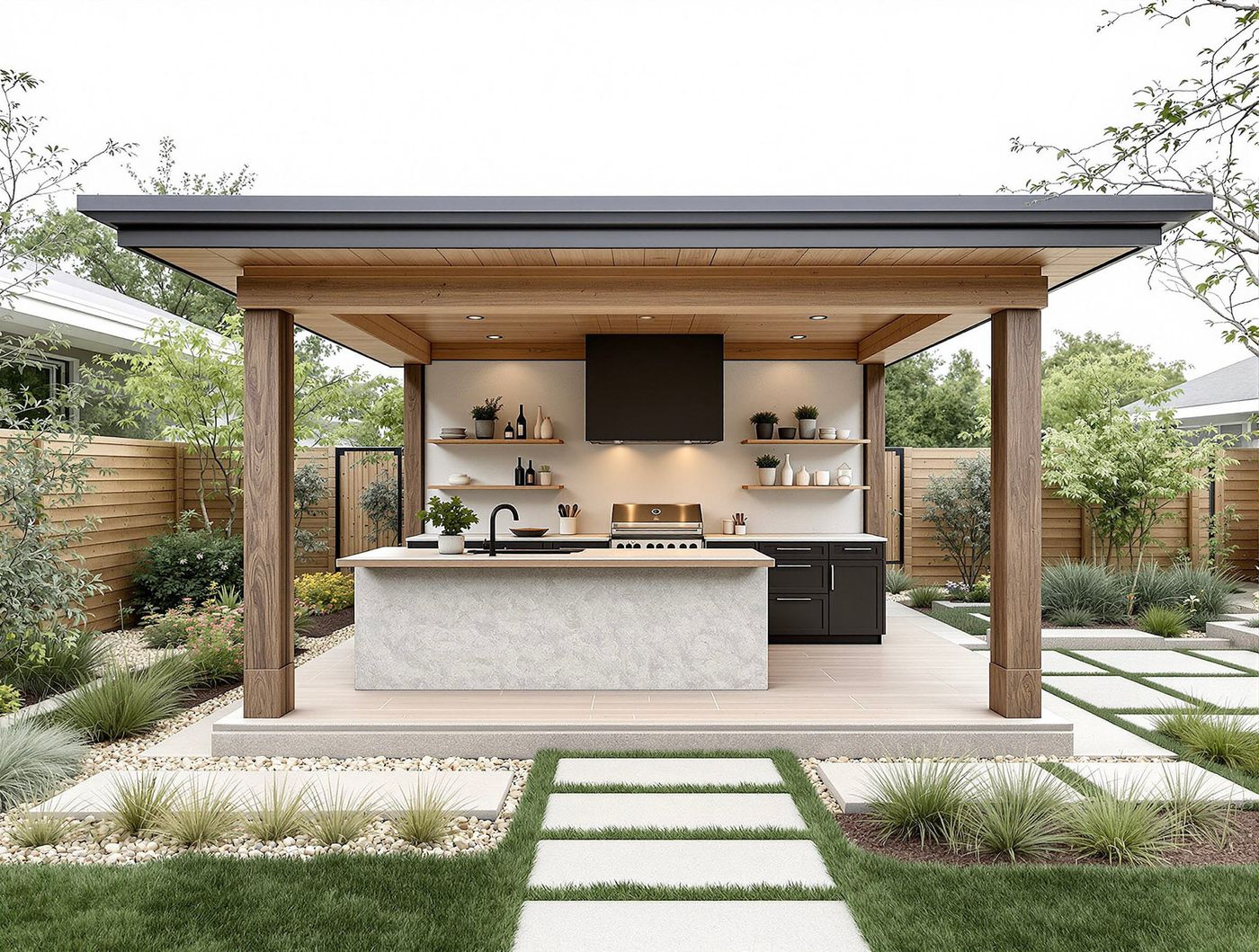 Wood Pergola Kitchen with White Stone Island