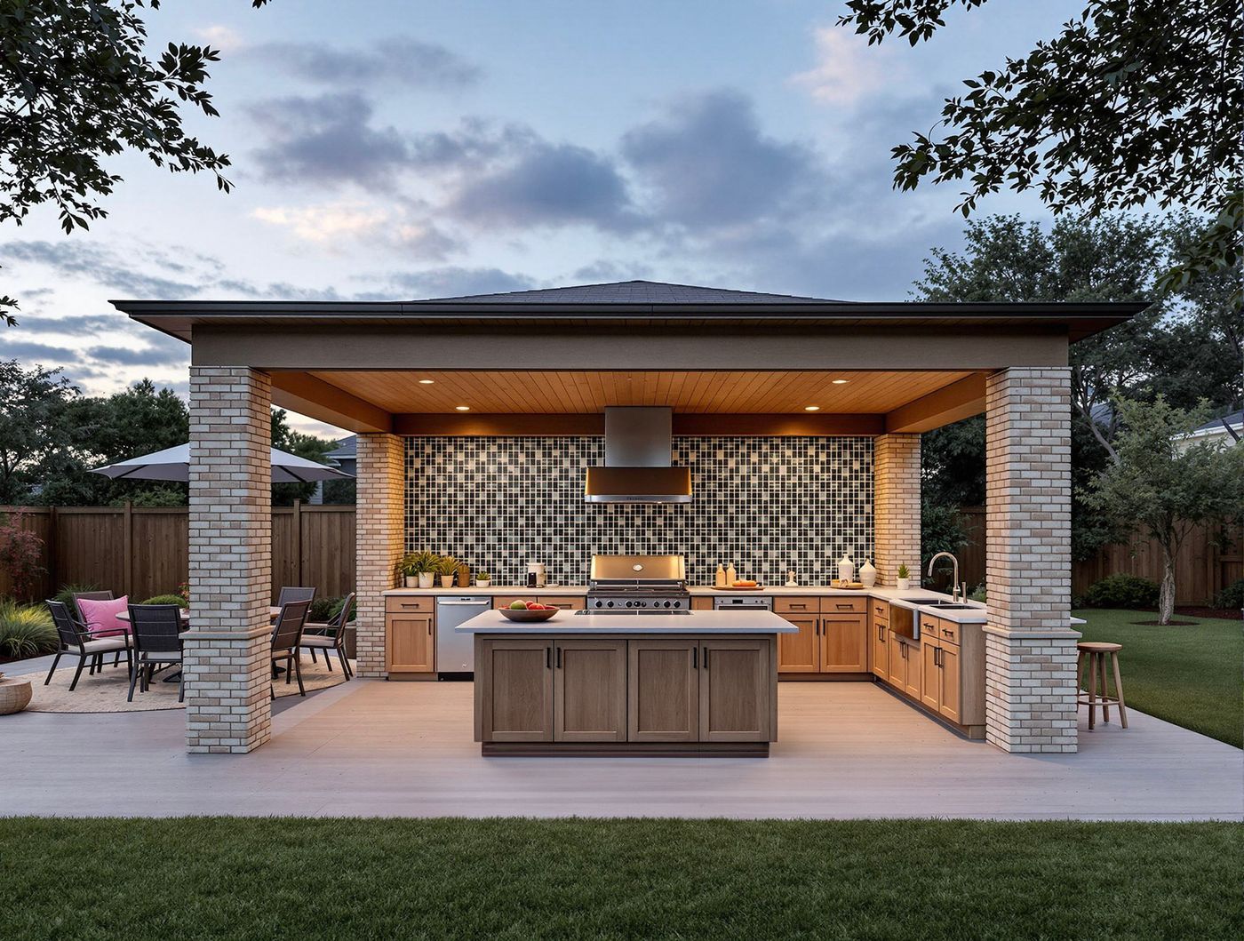 Brick Column Kitchen with Mosaic Tile Backsplash