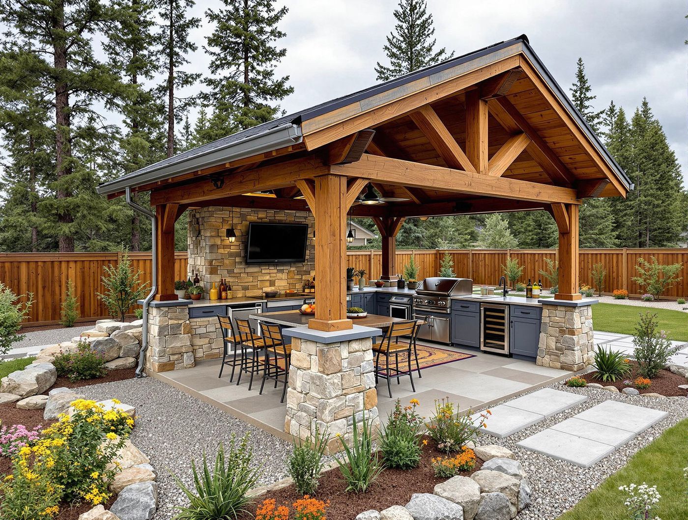 Timber-Frame Kitchen Pavilion with Stone Bar Seating