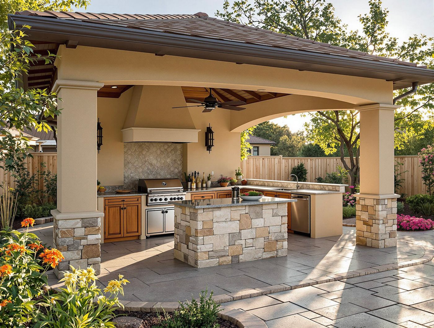 Tuscan-Style Stucco Kitchen Pavilion with Tile Roof