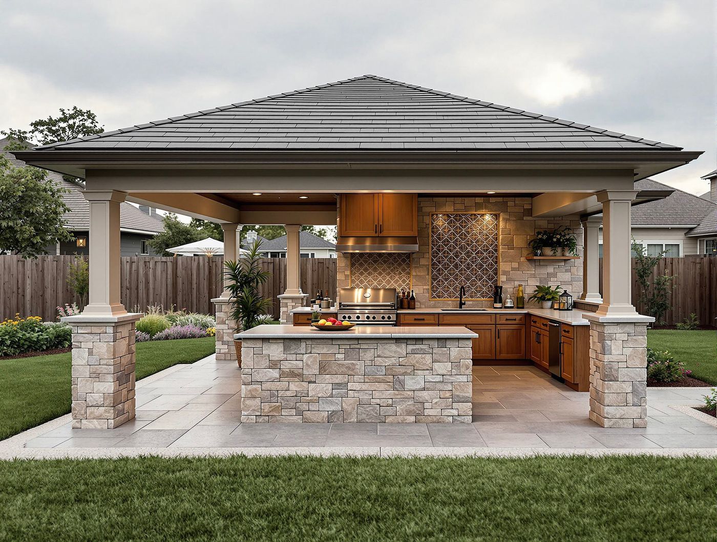 Hip-Roof Kitchen with Stone Island and Arched Tile Accent
