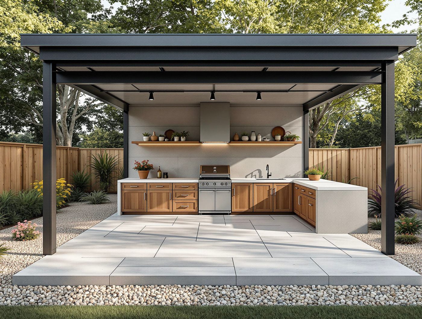 Black Steel Pergola Kitchen with Concrete Island