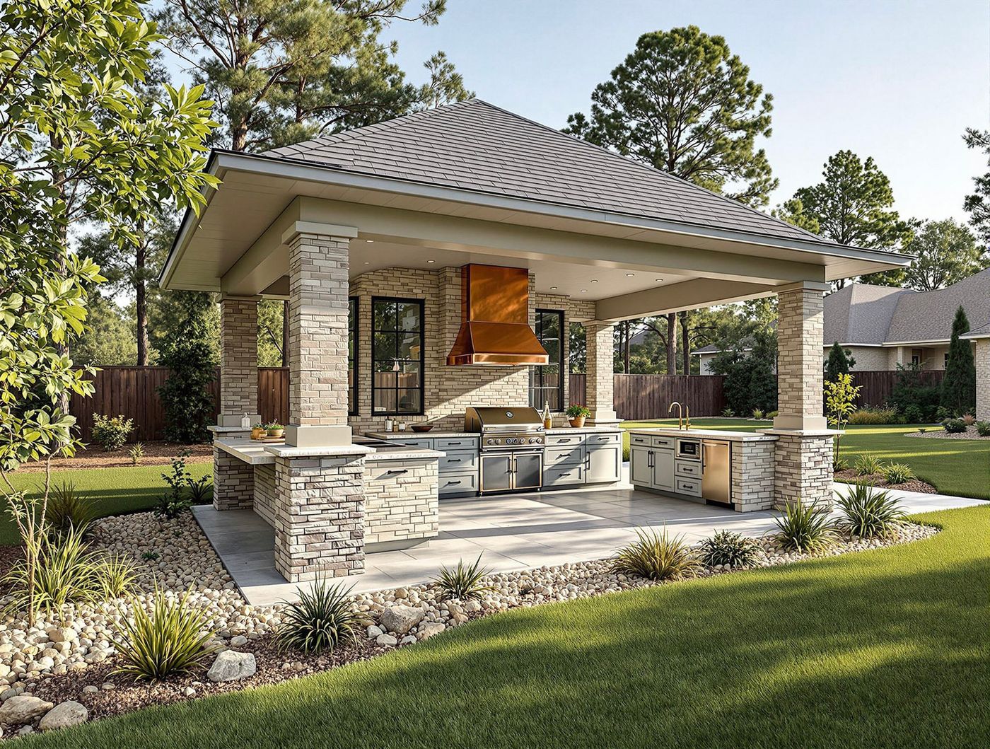 Stone Pavilion Kitchen with Copper Hood Accent