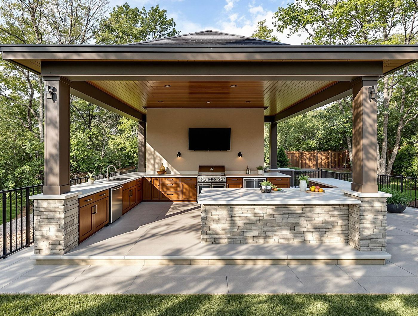 Steel Pergola Kitchen with Stone Island and TV