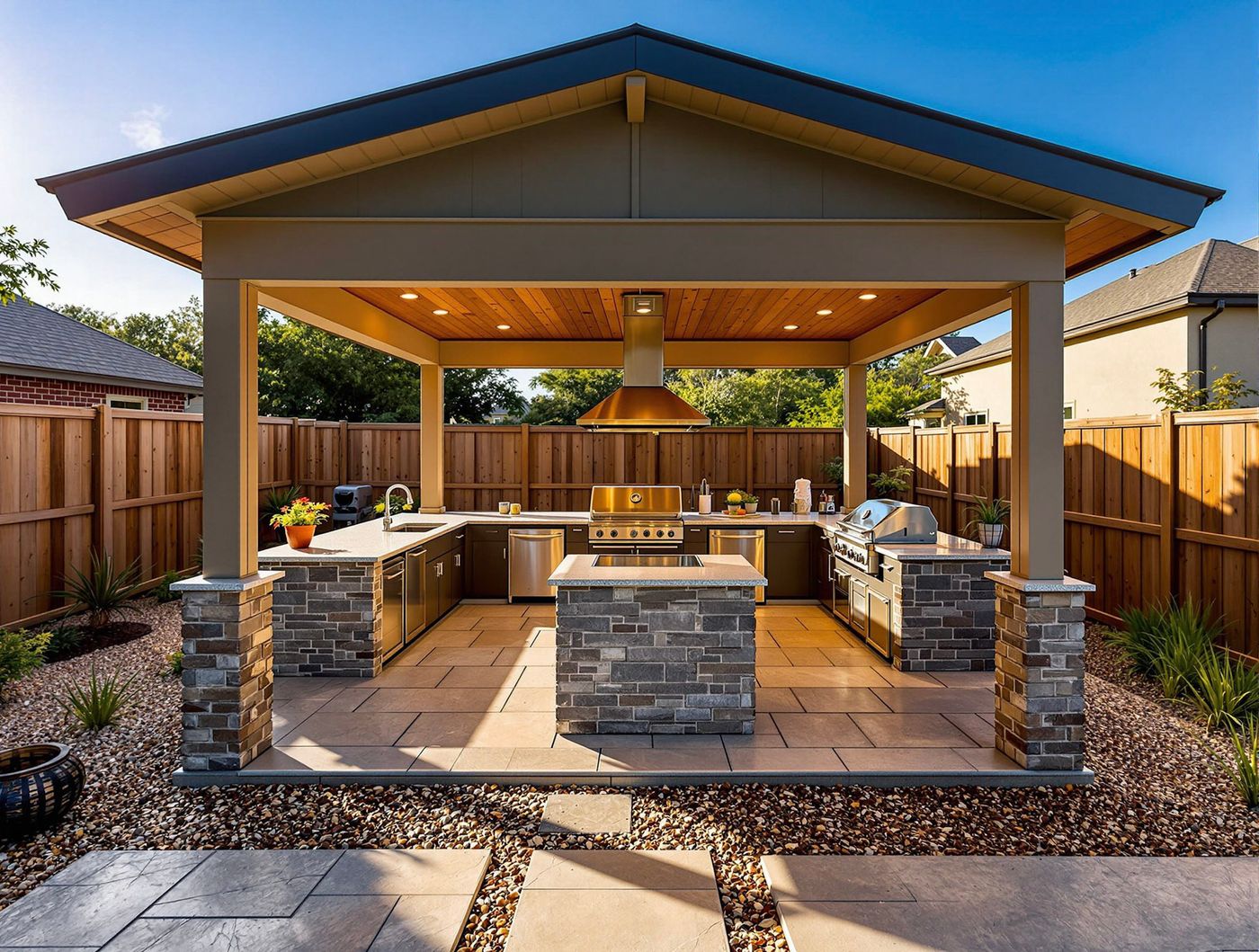 Gable-Roof Kitchen with Copper Hood and Stone Islands