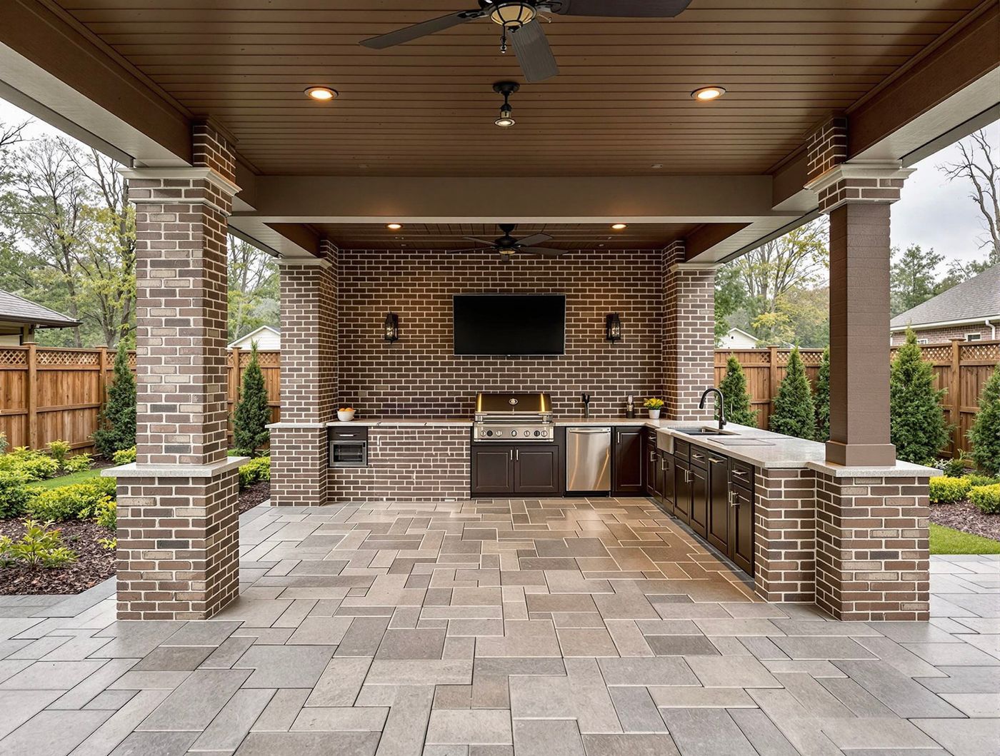 Brick Column Kitchen with Mounted TV and Ceiling Fans