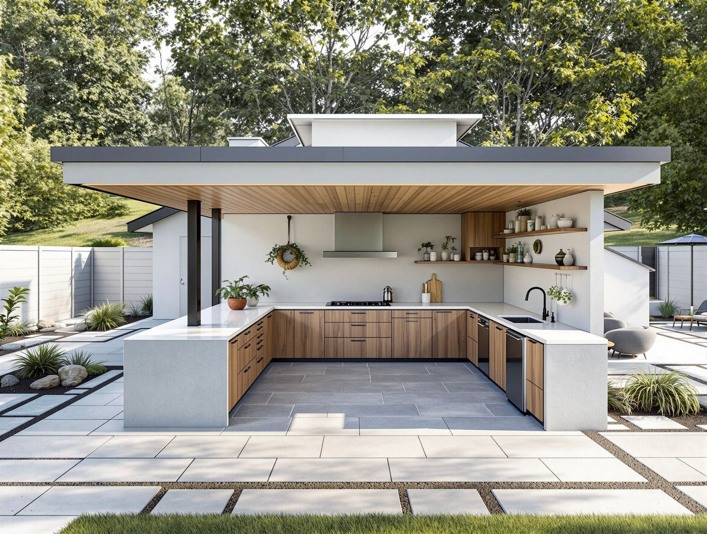 Modern Flat-Roof Kitchen with Wood-Slat Ceiling
