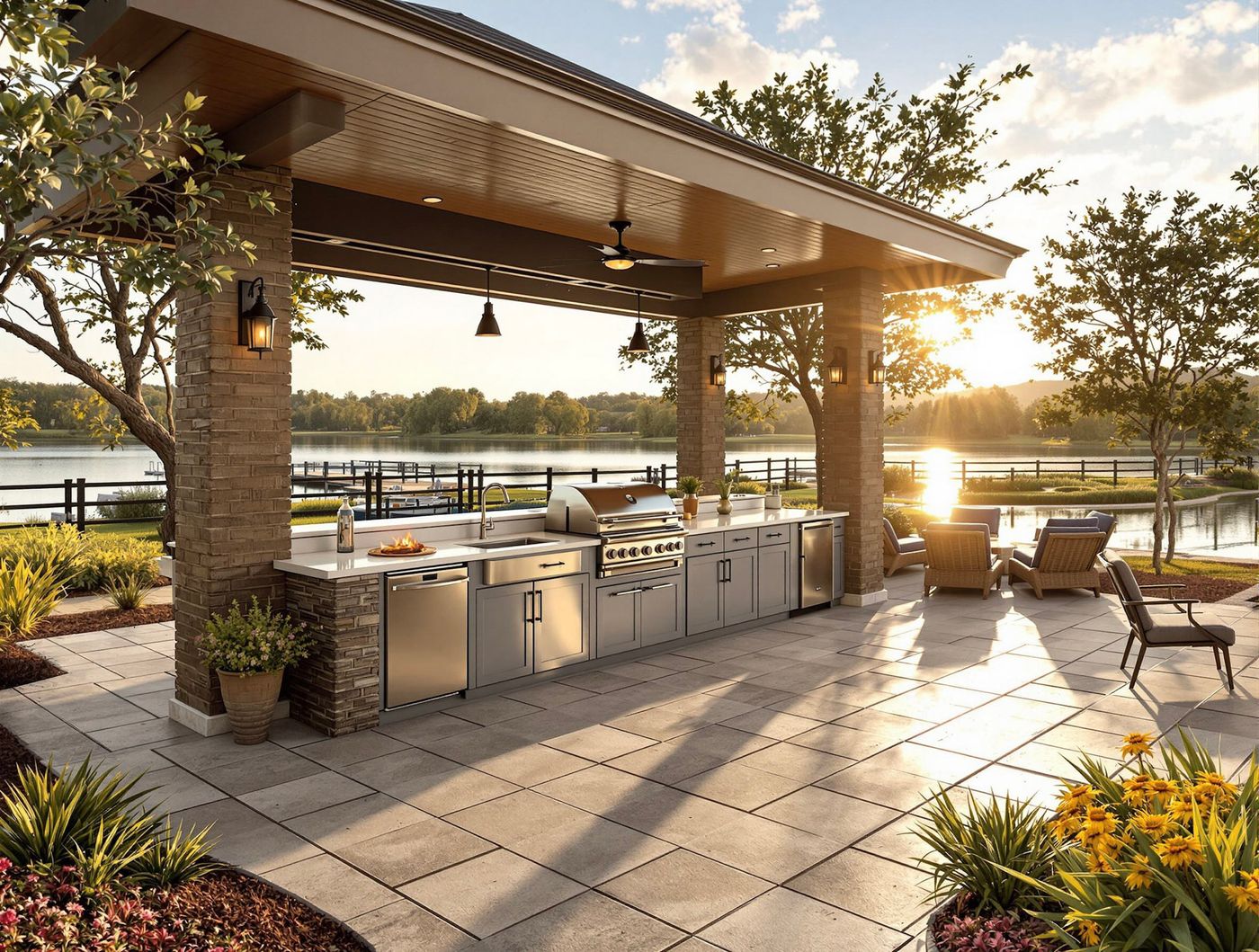 Lakeside Kitchen Pavilion with Stone Columns