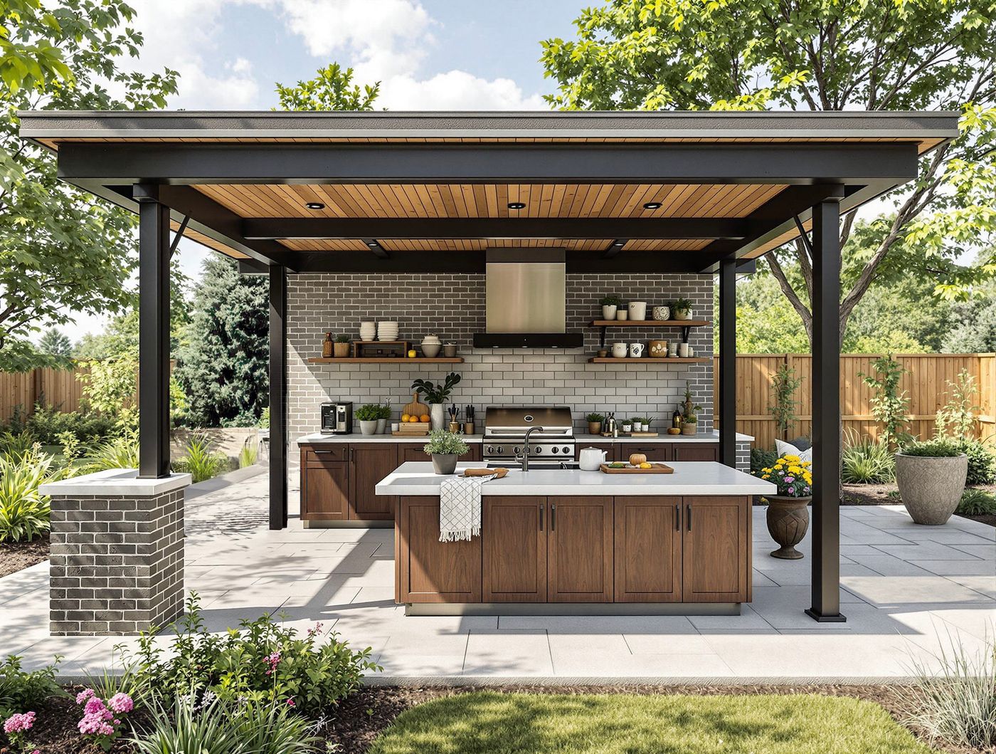 Black-Frame Kitchen with Brick Tile Backsplash