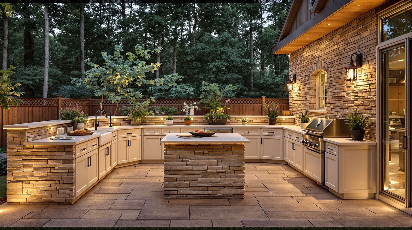 Evening Stone Kitchen with Warm Sconce Lighting