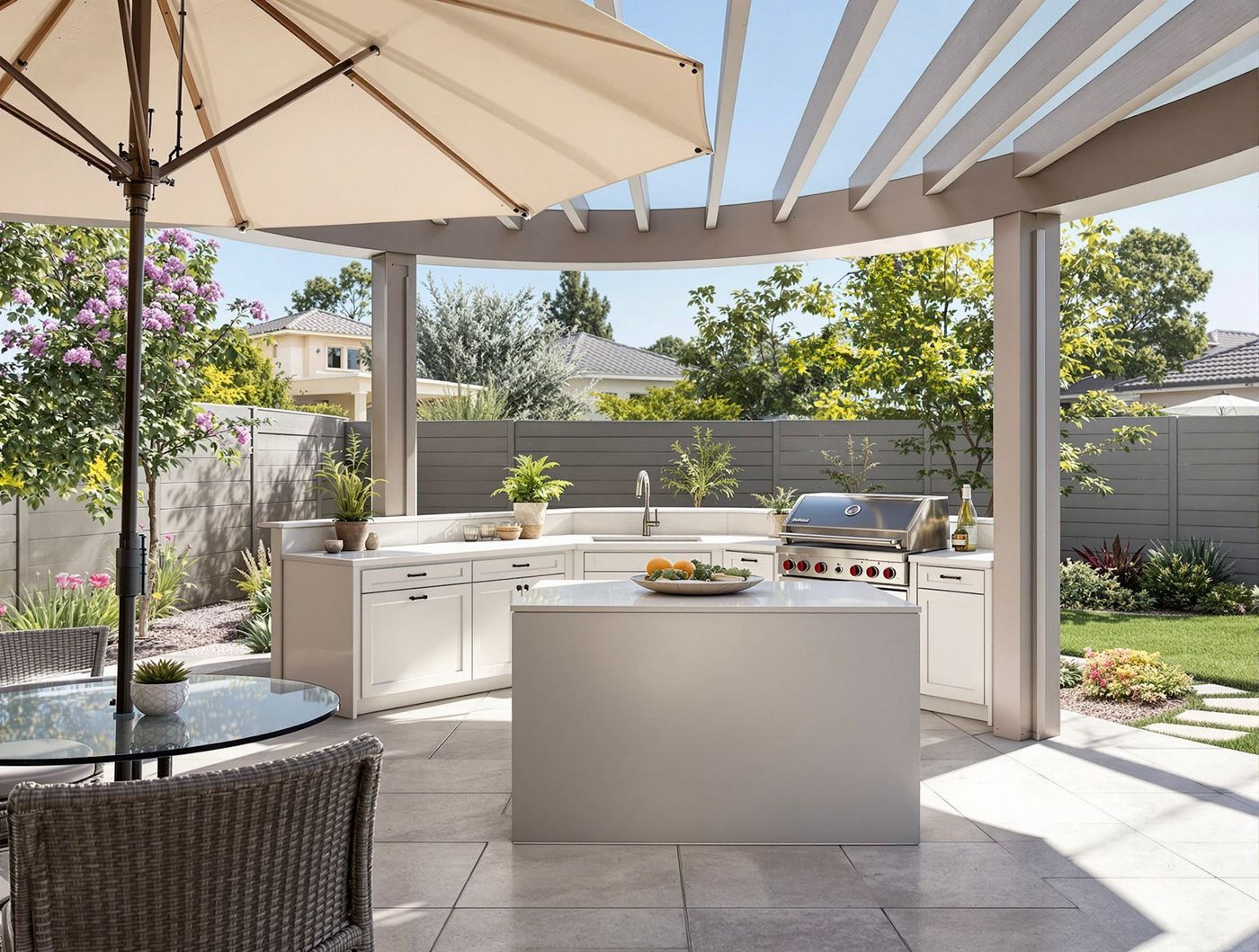 White Pergola Kitchen with Shade Sail and Wicker Seating