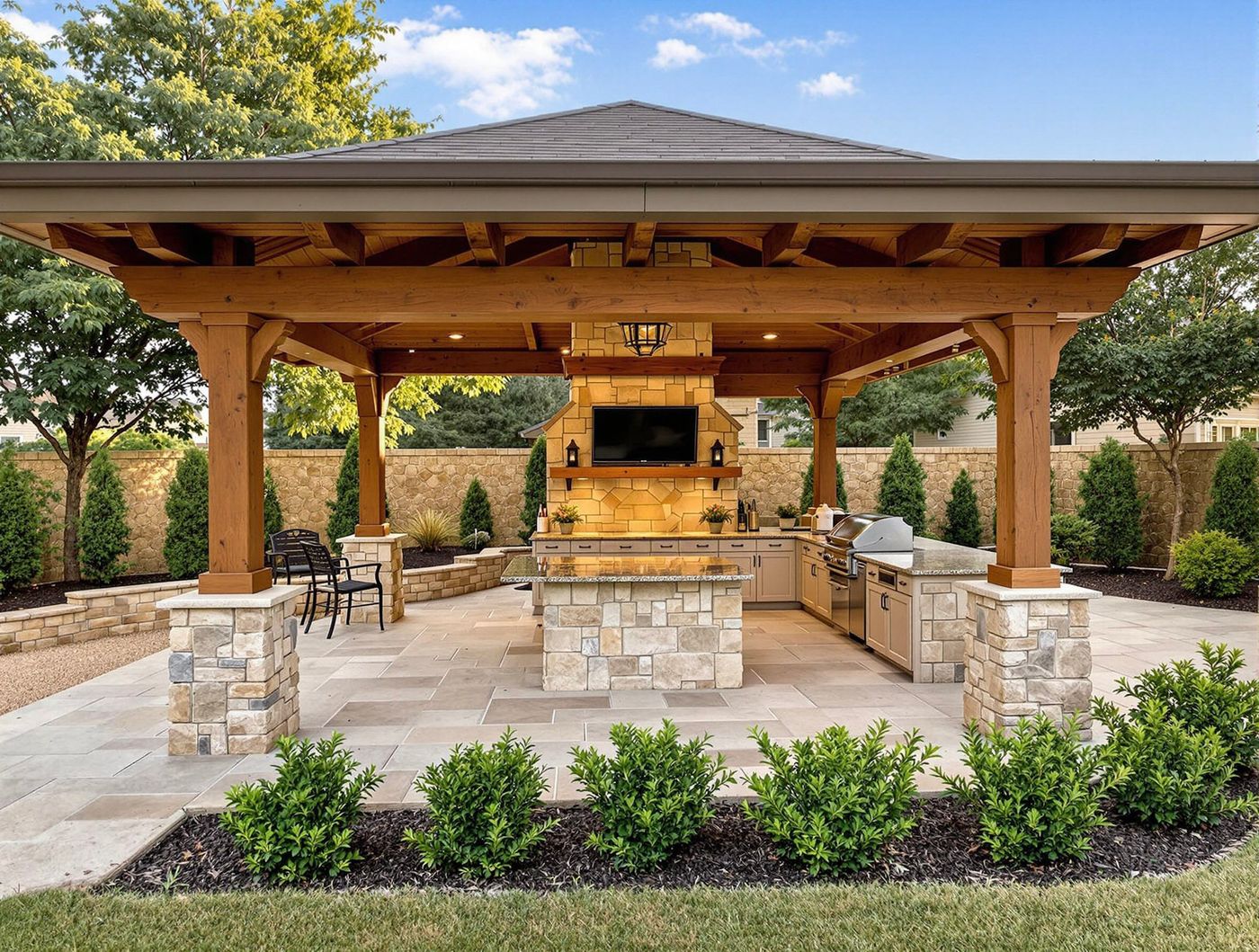 Stone Outdoor Kitchen Under Timber Pavilion