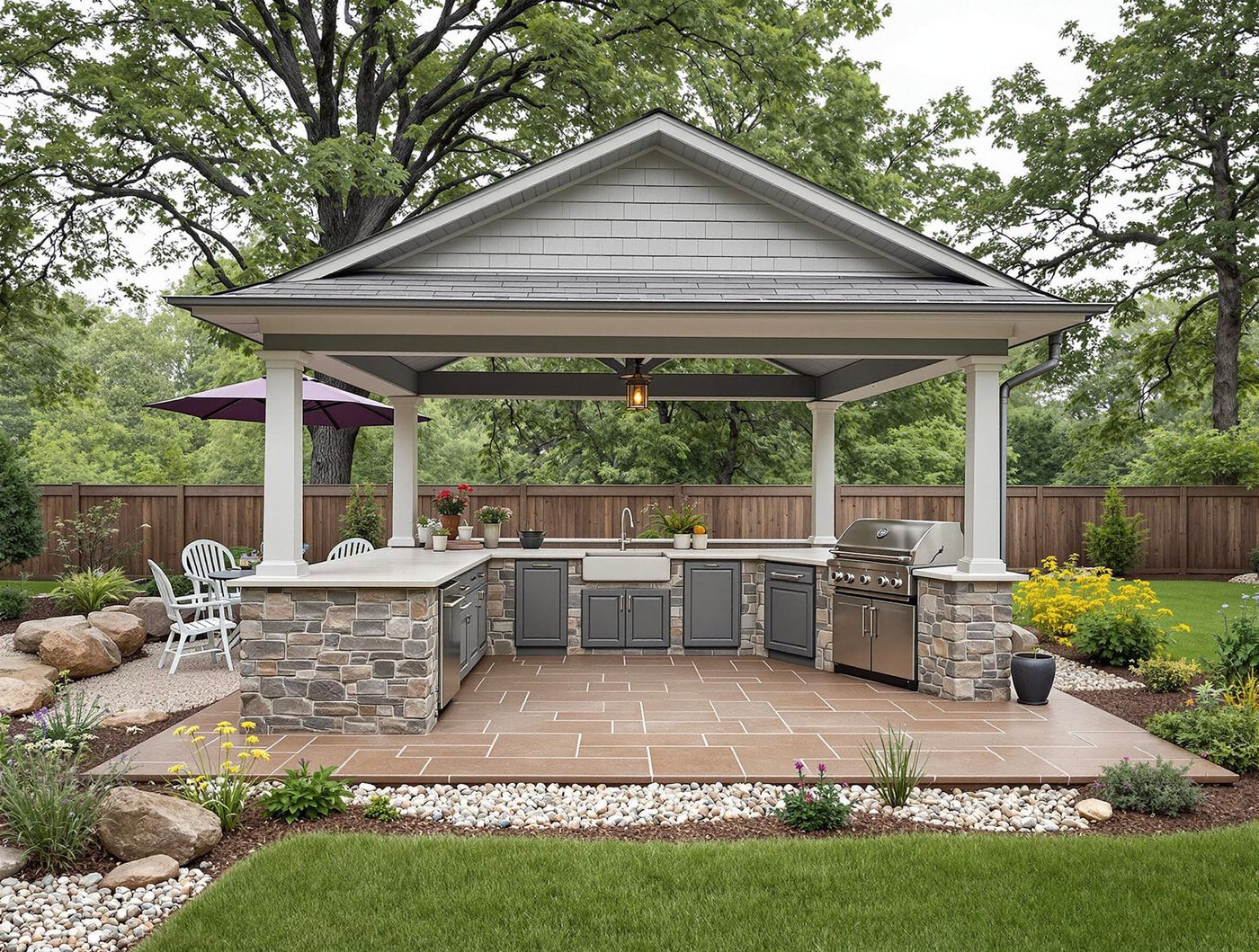 Gray Shingle Pavilion Kitchen with Farmhouse Sink