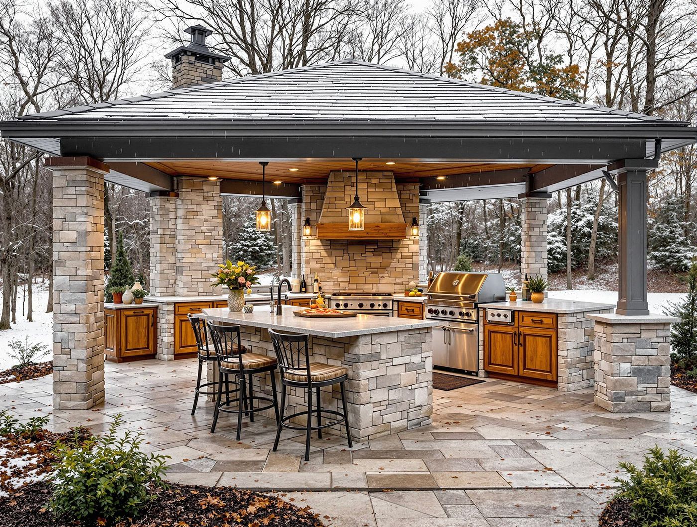 Stone Hearth Kitchen in Snowy Backyard