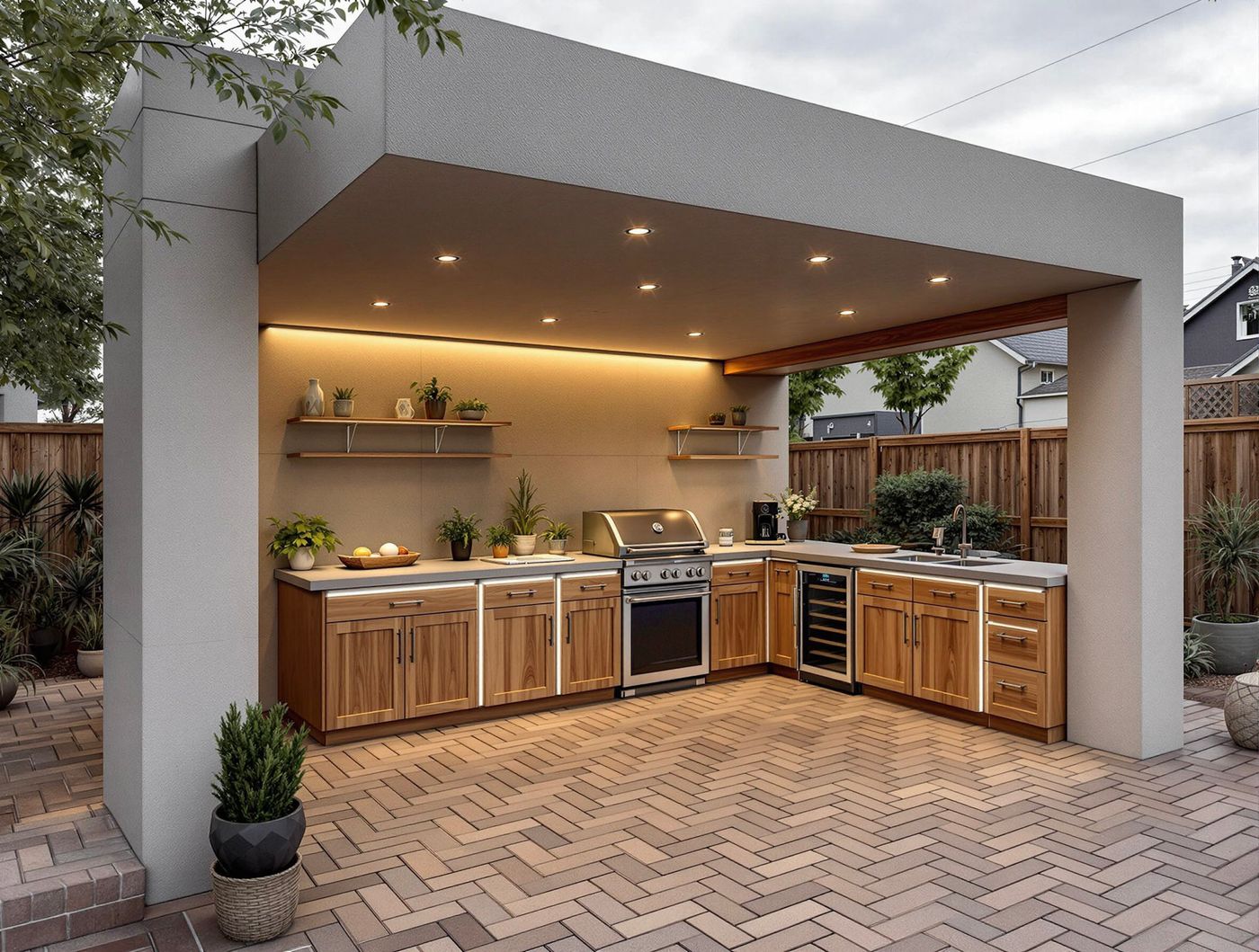 Herringbone Brick Patio Kitchen in Wood Tones