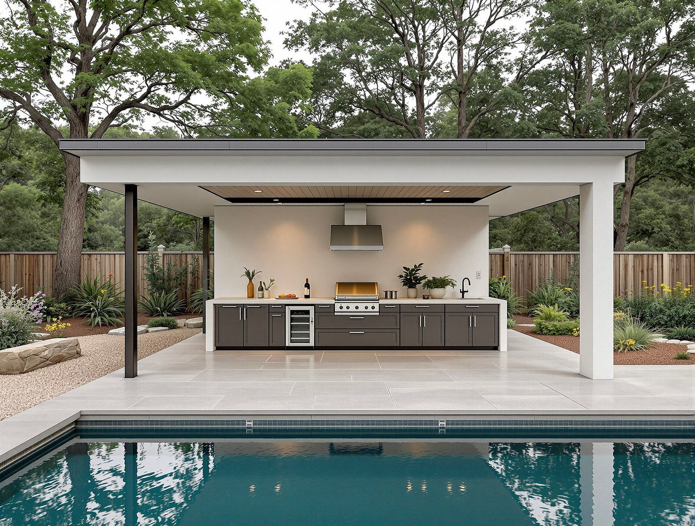 Gray Cabinet Kitchen Beside Pool Patio