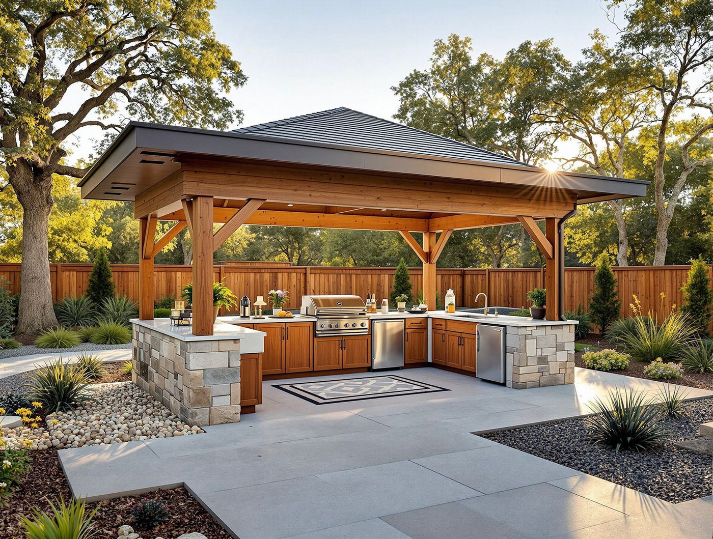 Stone Base Kitchen with Inlaid Tile Rug