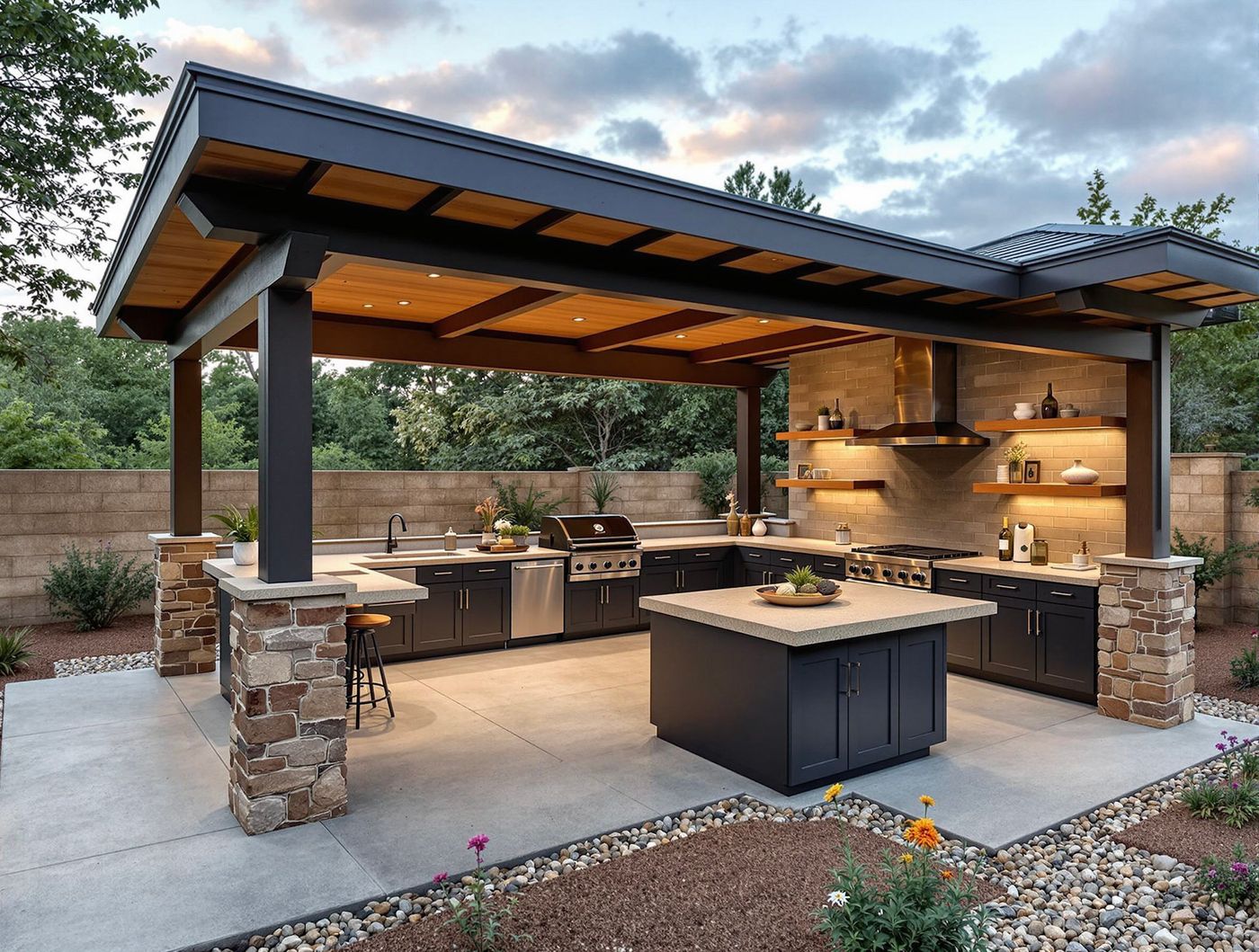 Black Steel Frame Kitchen with Stone Piers