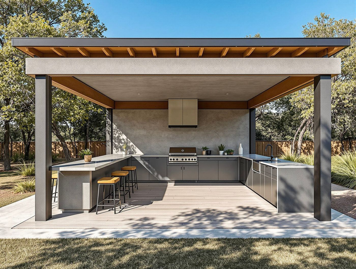Gray Steel Pavilion Kitchen with Bar Seating