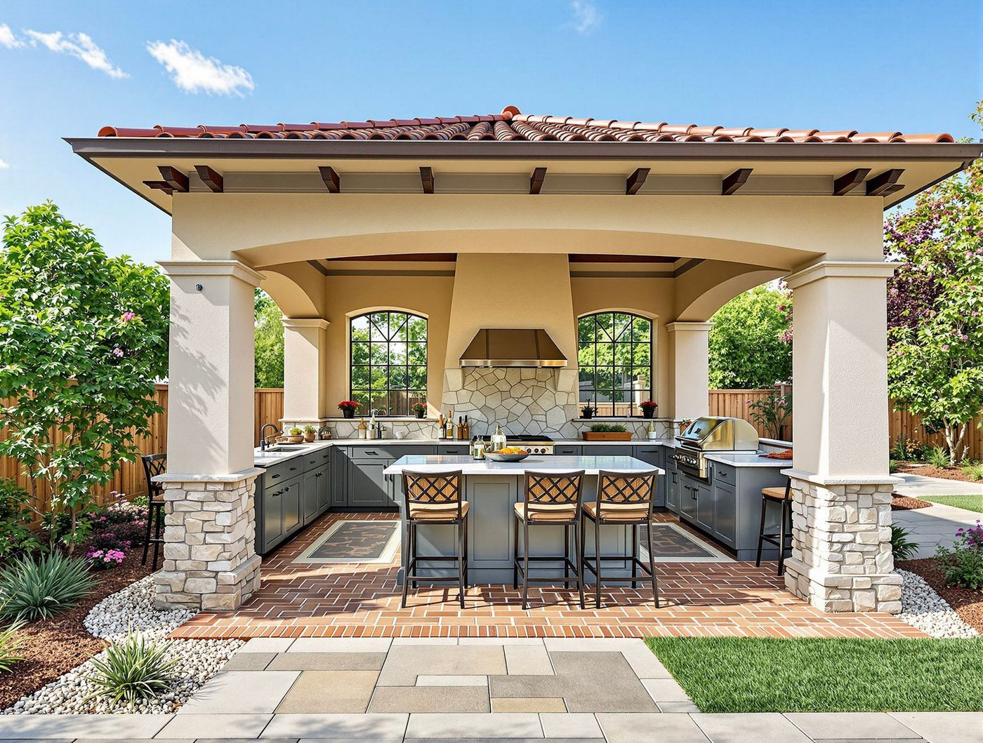 Spanish Tile Roof Kitchen with Arched Windows