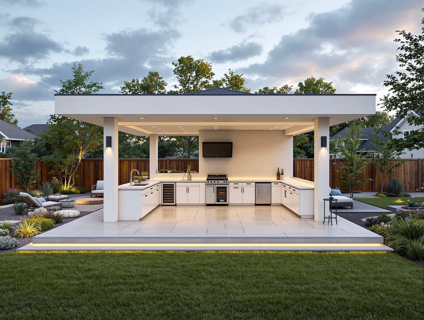 White Modern Kitchen with Wall-Mounted TV