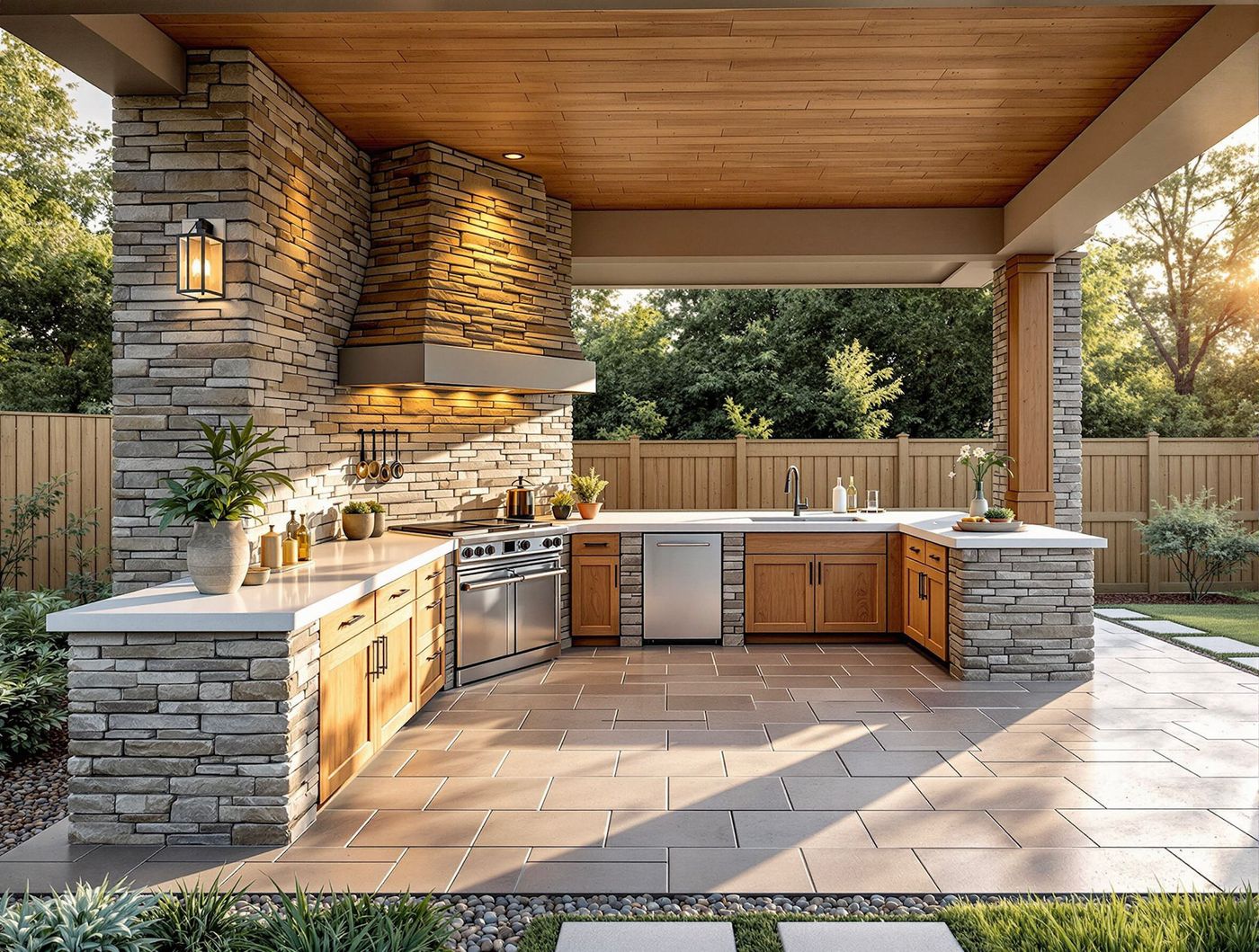 Stone Column Kitchen with Warm Sconce Lighting