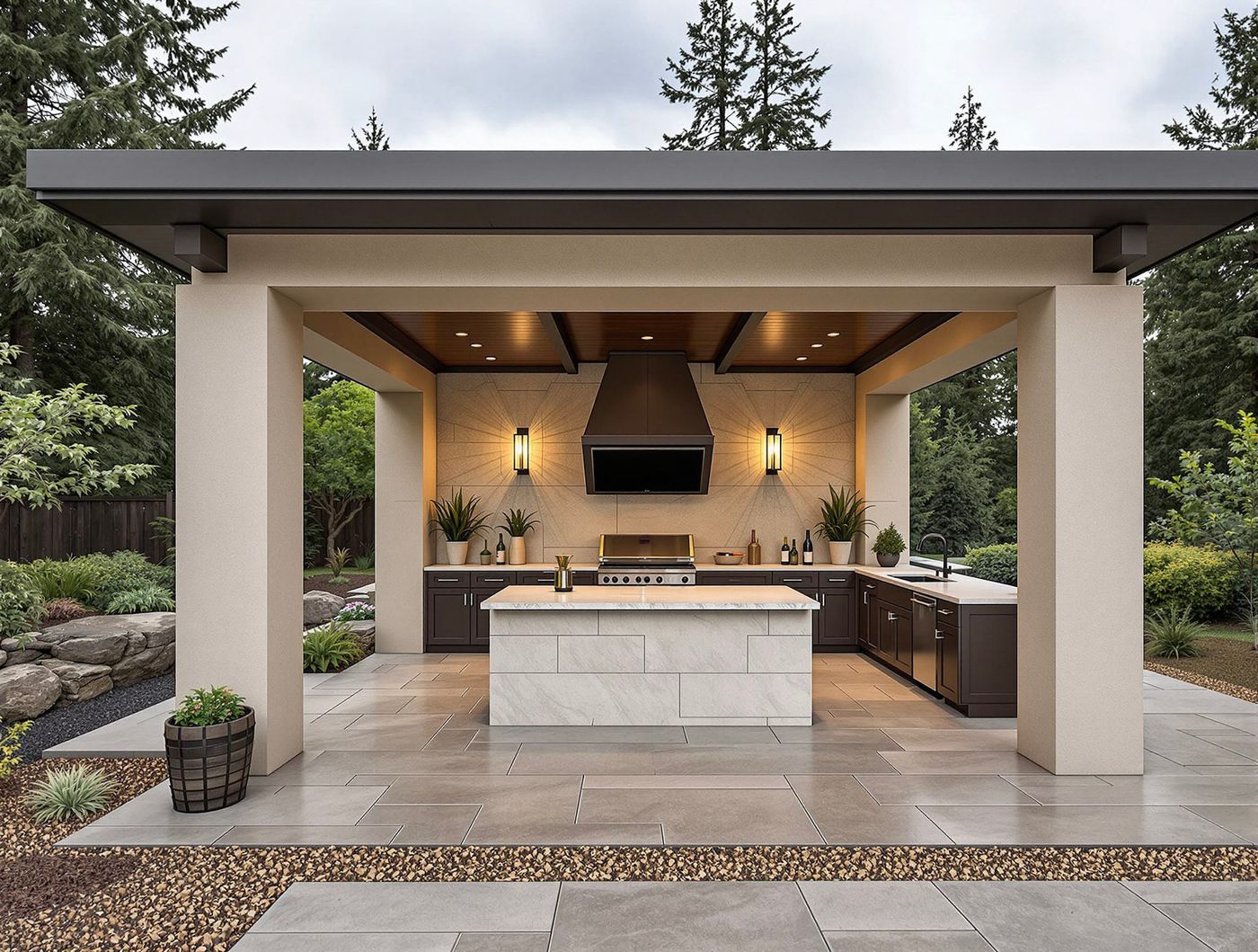 Dark Wood Kitchen with Marble Island