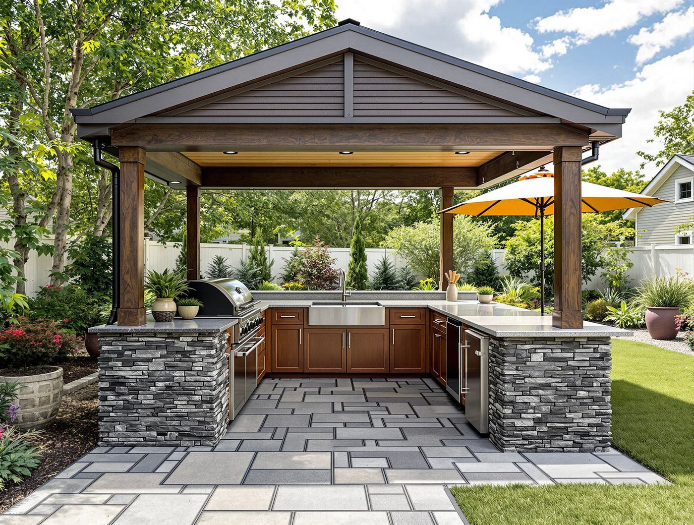 Stone Pillar Kitchen with Orange Umbrella
