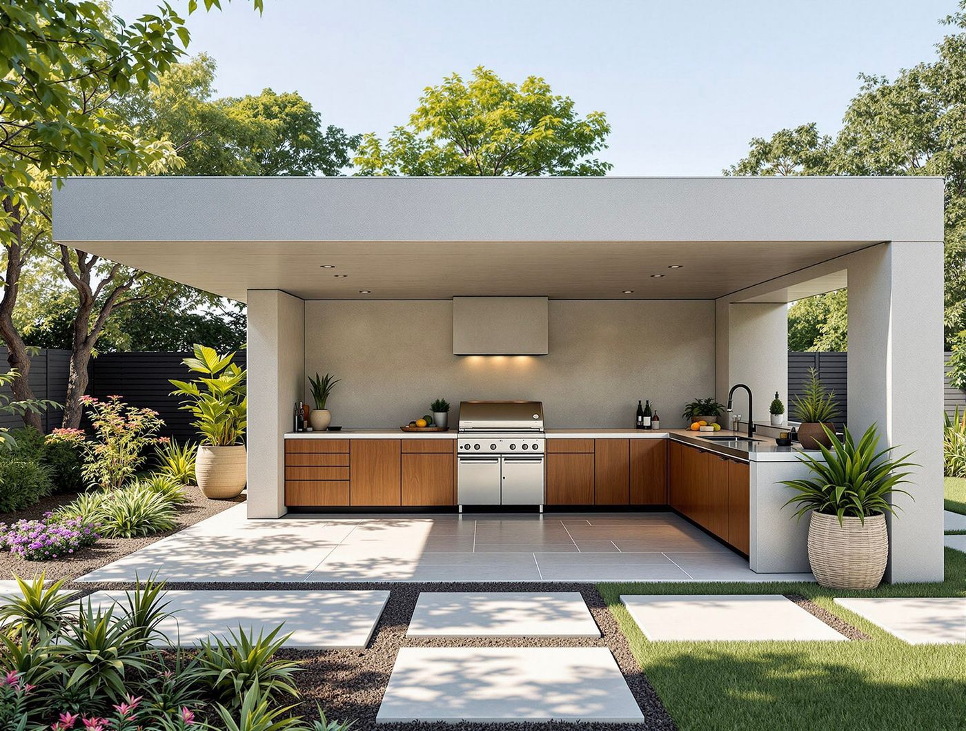Modern White Pavilion Kitchen with Stone Path