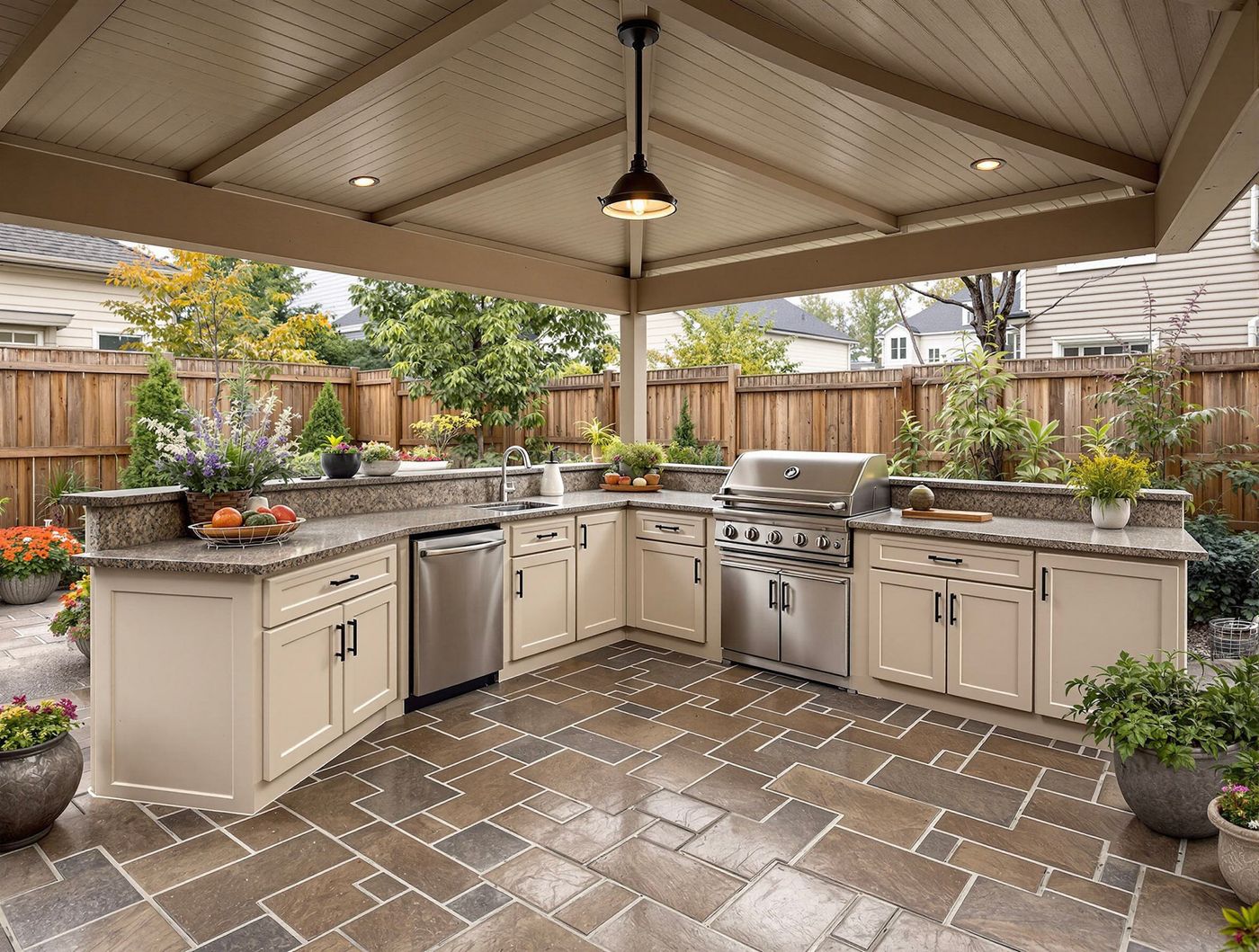 Cream Cabinet Kitchen Under Gabled Roof