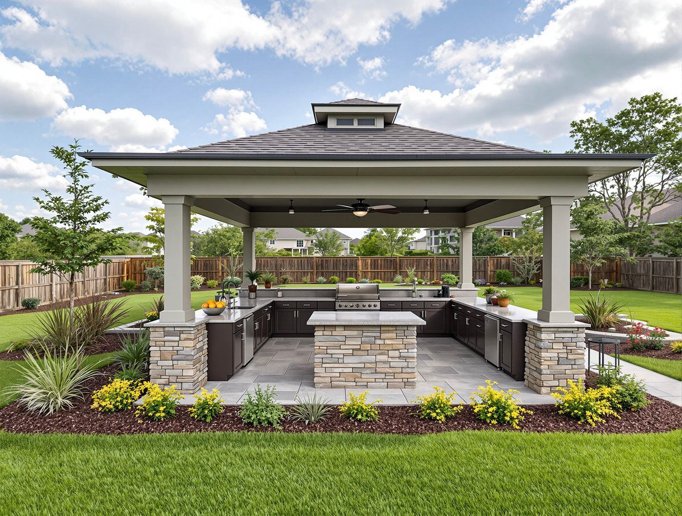Hip-Roof Kitchen with Stone Pillars