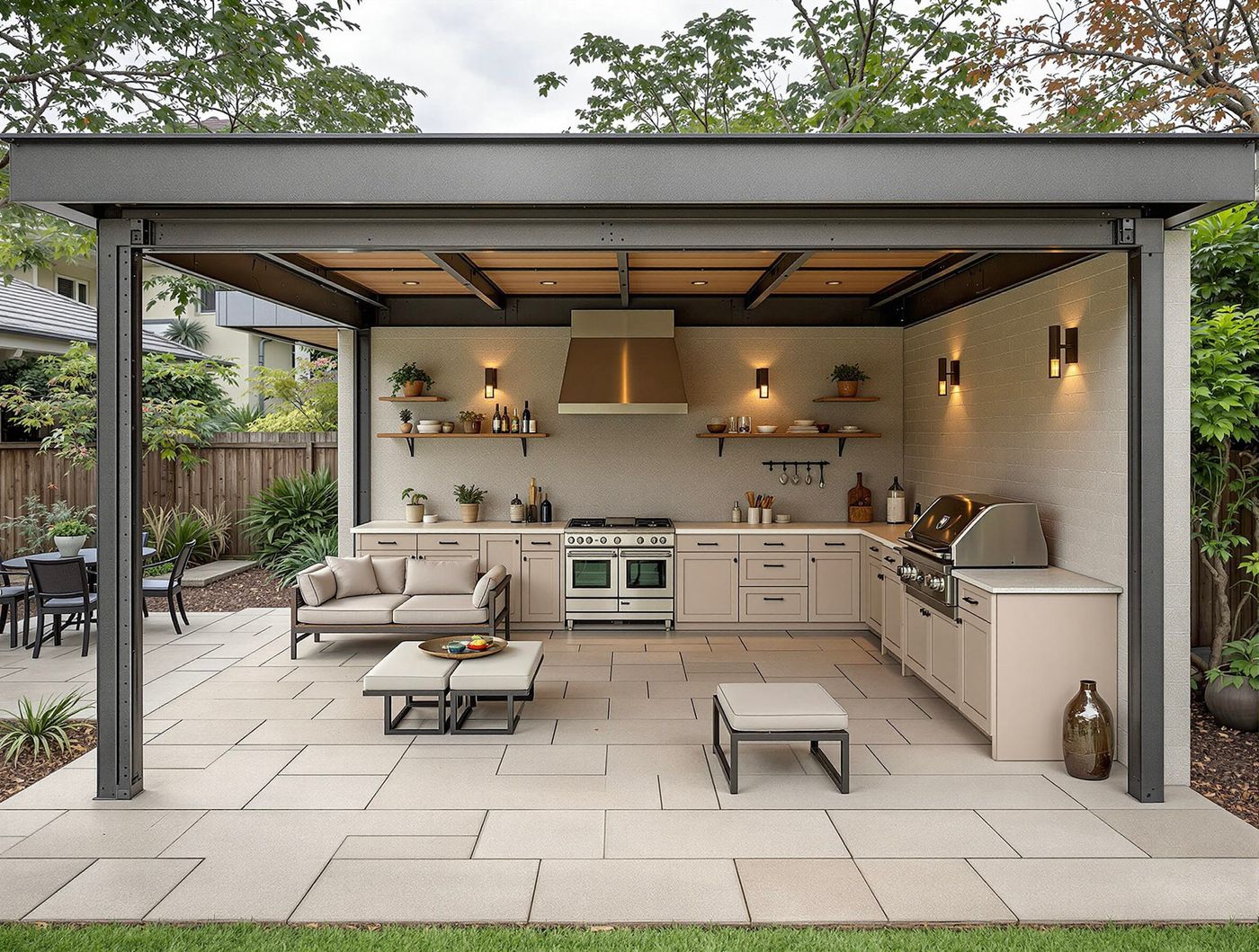 Industrial Steel-Frame Kitchen with Sofa