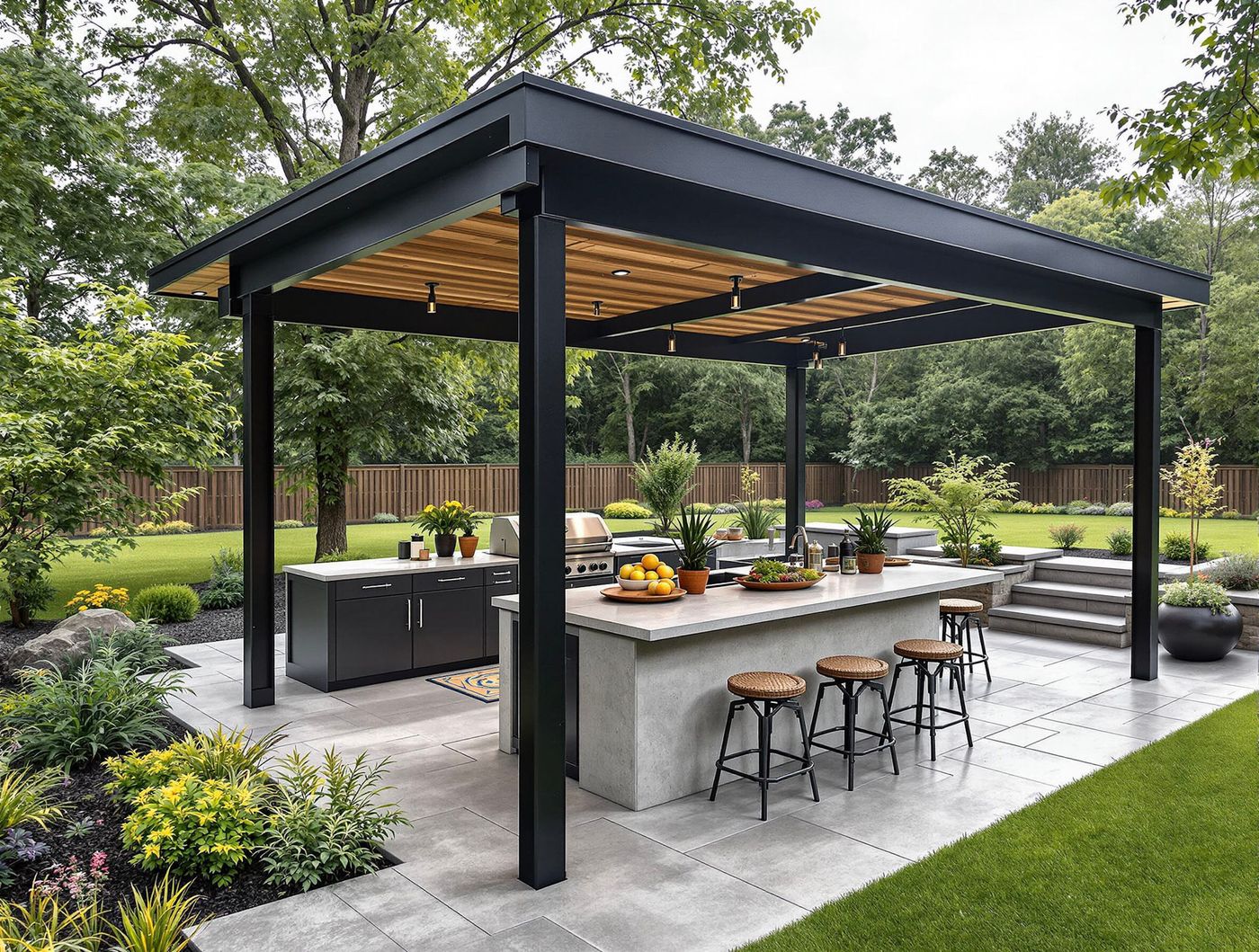 Black Cantilevered Kitchen with Wood Slats