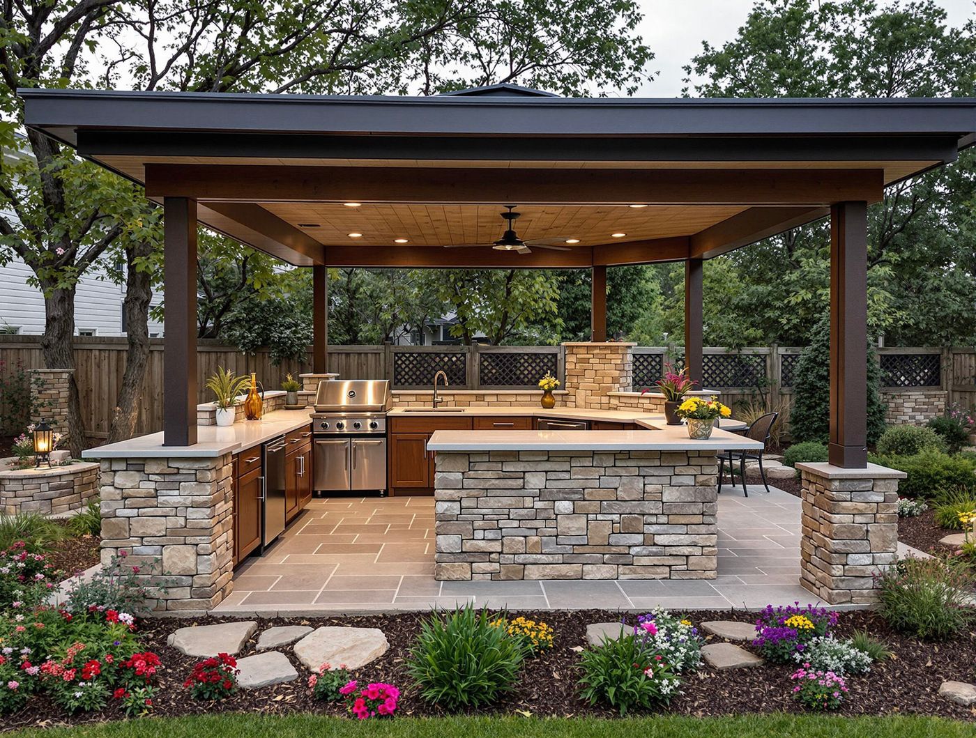 Stone-Base Kitchen with Dual Islands