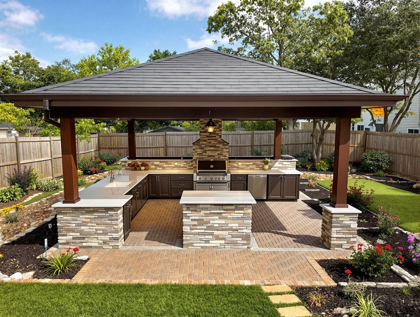 Brown Hip-Roof Kitchen with Stacked Stone Bar