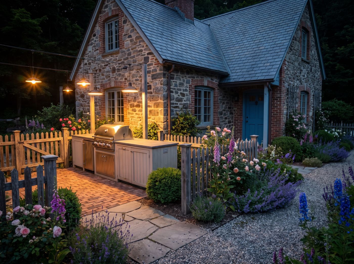 Cottage Grill Island Beneath Pendant Lights