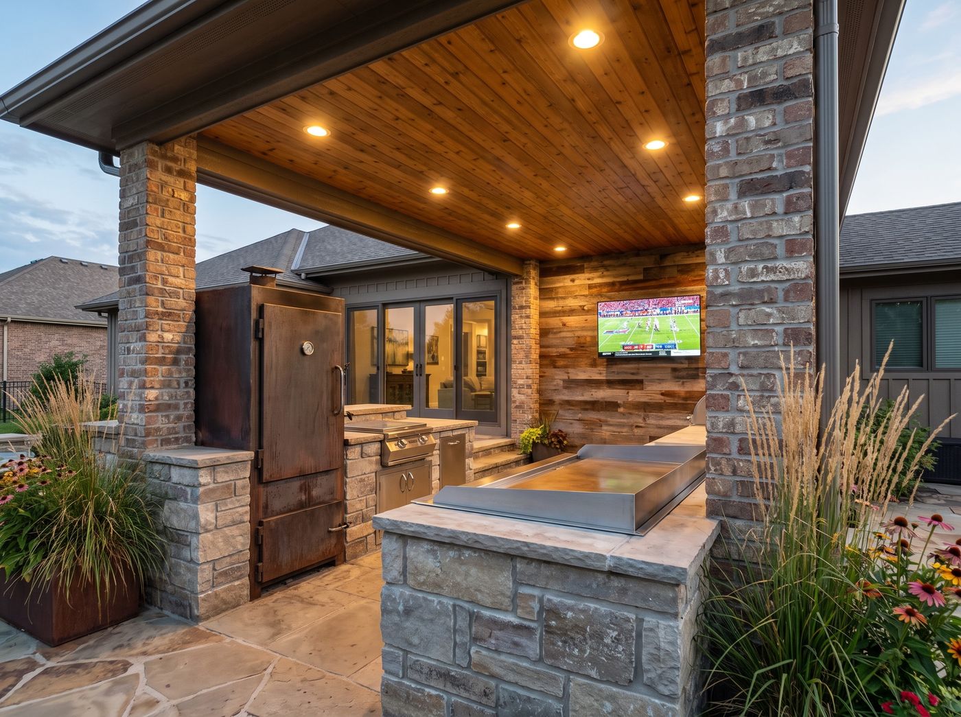 Covered Brick Kitchen with Built-In Smoker