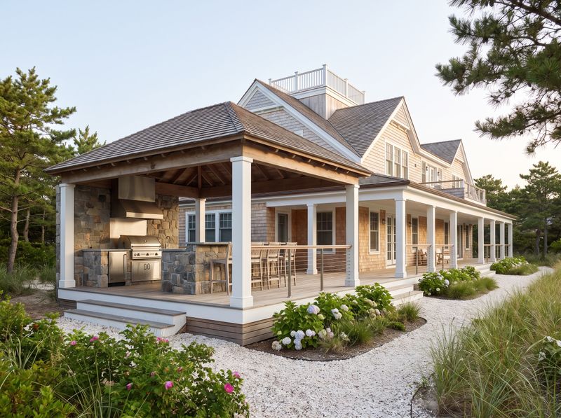 Covered Coastal Kitchen with Bar Seating